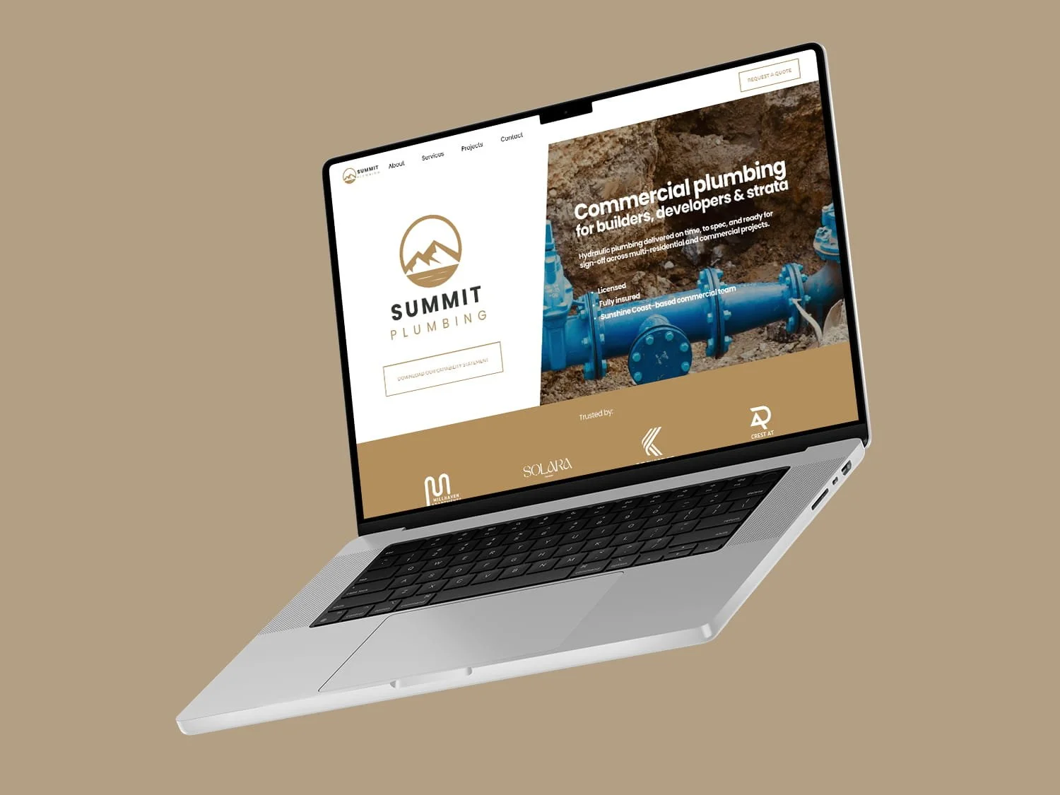 Laptop mockup displaying the homepage of a plumbing website designed as a high-converting plumber website for a professional tradie business.