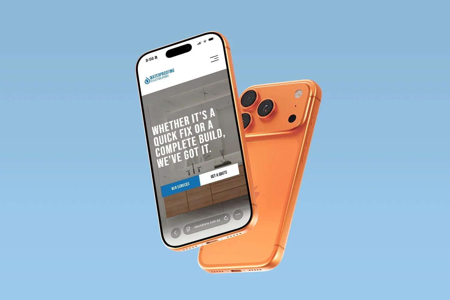 Floating orange iPhone mockup displaying the landing page of a waterproofing website built as a professional waterproofer website for a Sunshine Coast trades business.