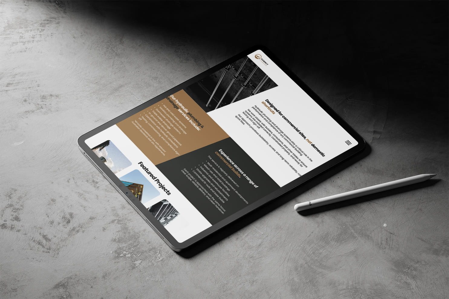 iPad mockup showing the homepage of a plumber website designed as a clean and trustworthy trades website.