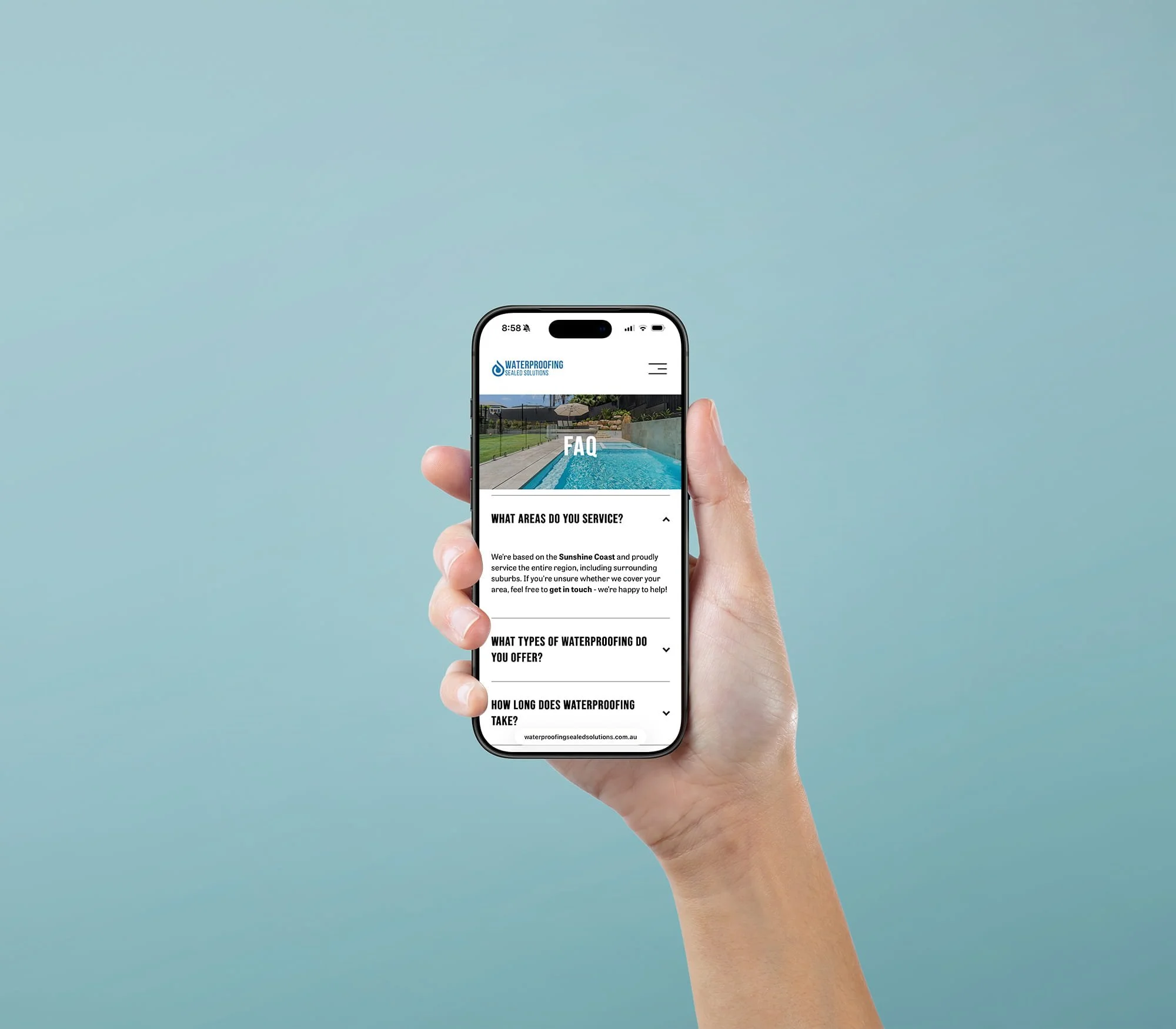 Mobile mockup displaying the FAQ page of a waterproofing website structured for a modern trades website experience.