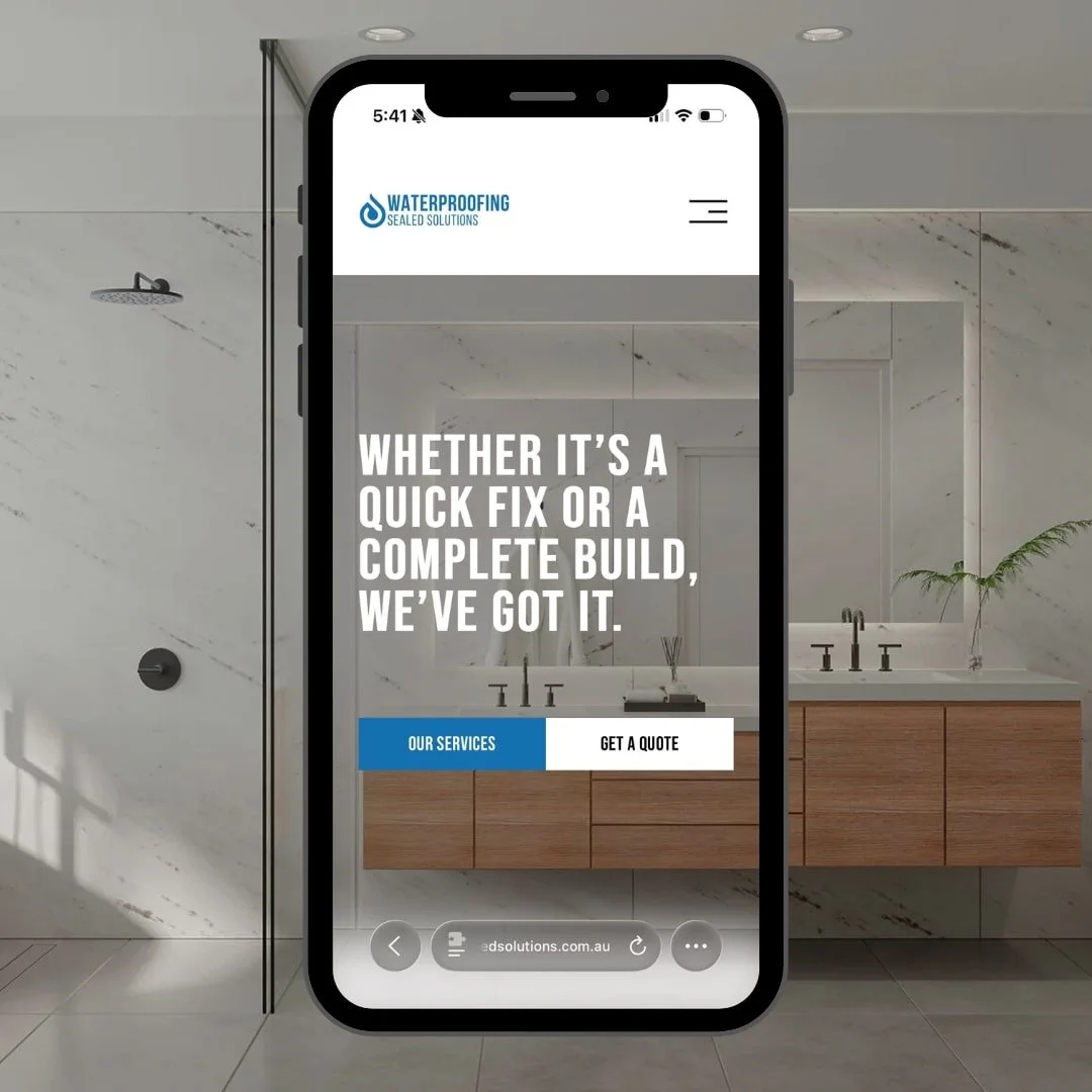 Mobile mockup of Waterproofing Sealed Solutions’ website designed by Aaron David Creative — professional, modern web design for a Sunshine Coast waterproofing company.