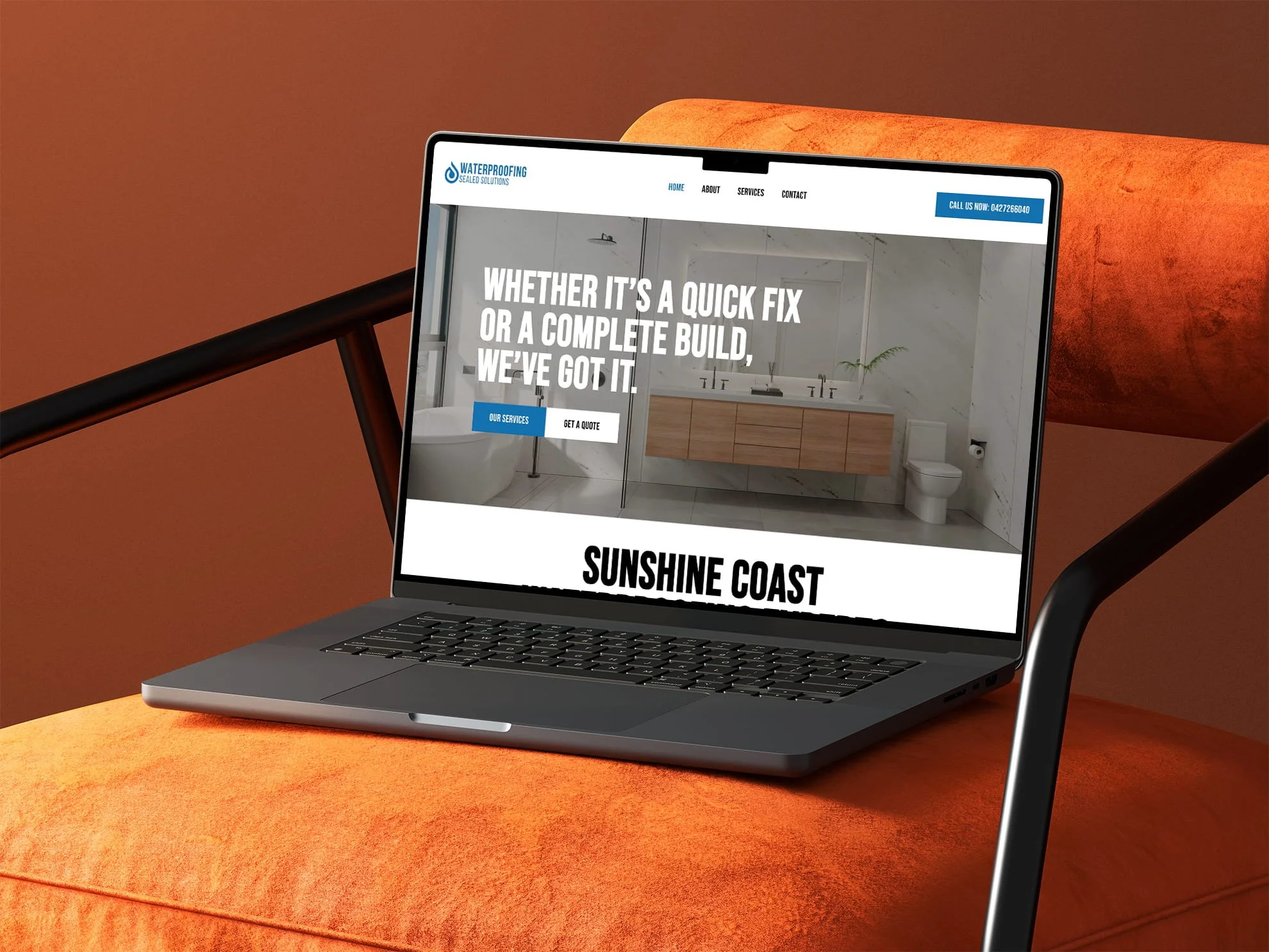 Laptop mockup showing a waterproofing website homepage designed as a high-converting tradie website by Aaron David Creative.