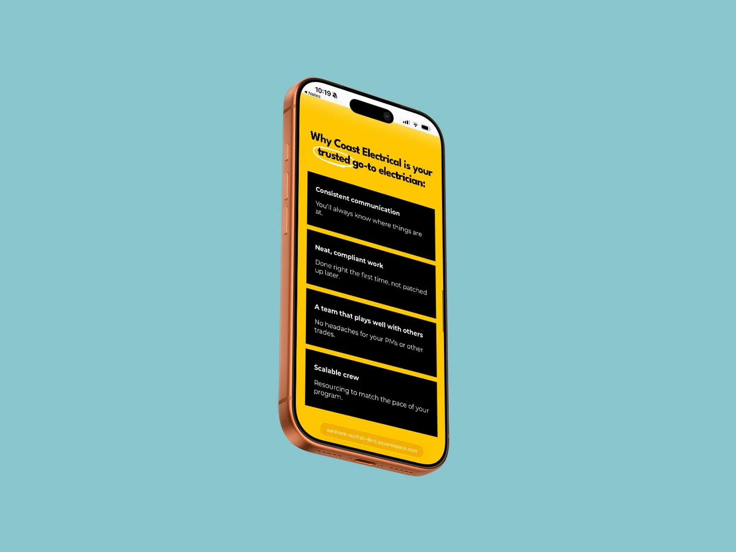 Mobile mockup showing the services page of an electrician website built as a professional tradie website to generate enquiries.