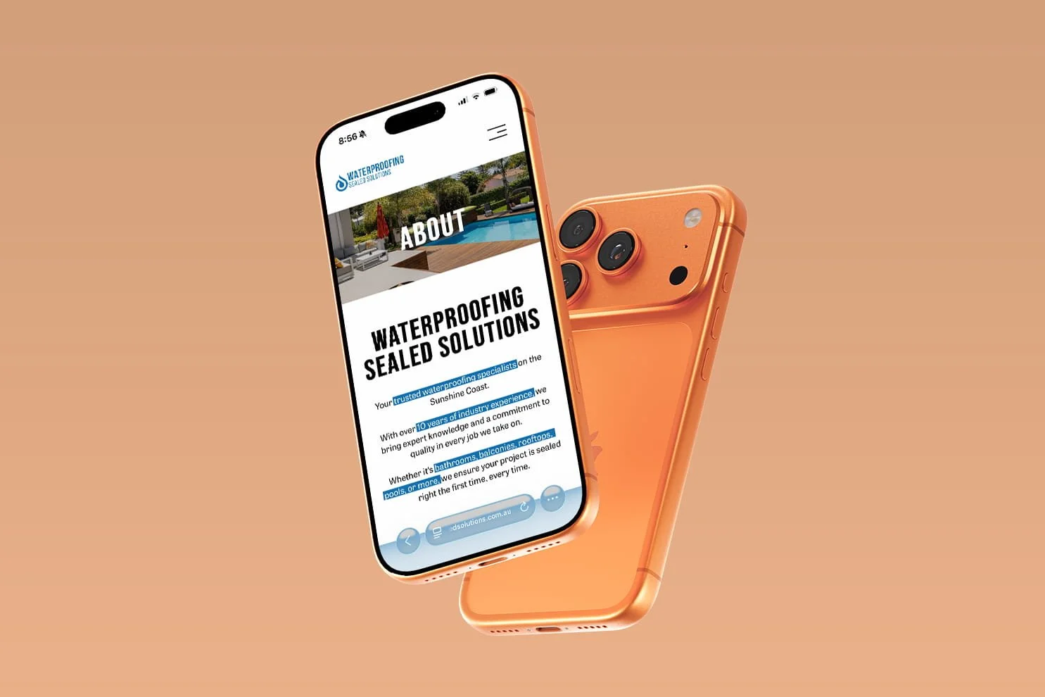 Orange iPhone mockup showing the about page of a waterproofing tradie website designed for credibility and lead generation.