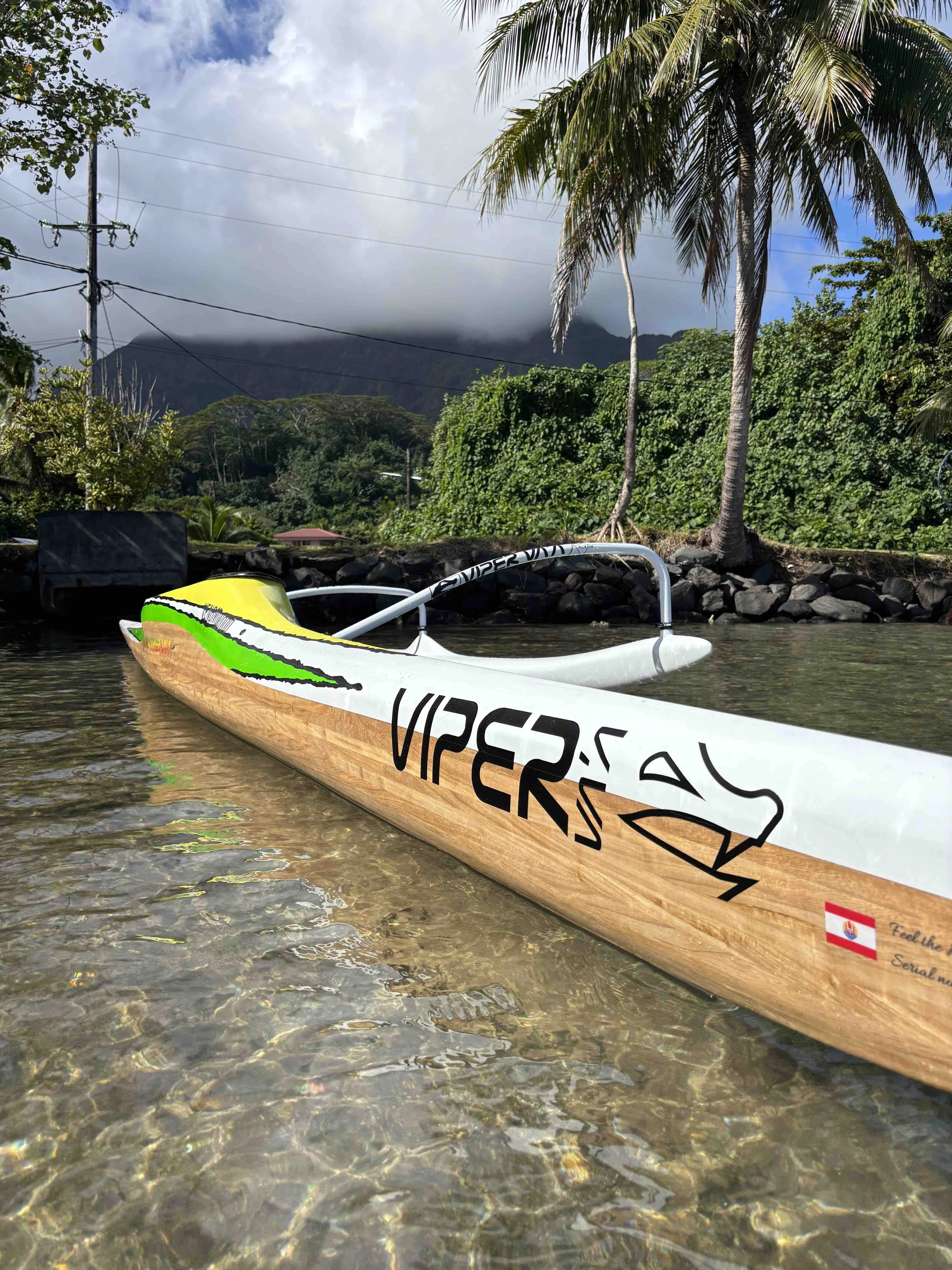 Une pirogue en bois dans une rivière claire, avec des palmiers et une montagne en arrière-plan, sous un ciel nuageux.
