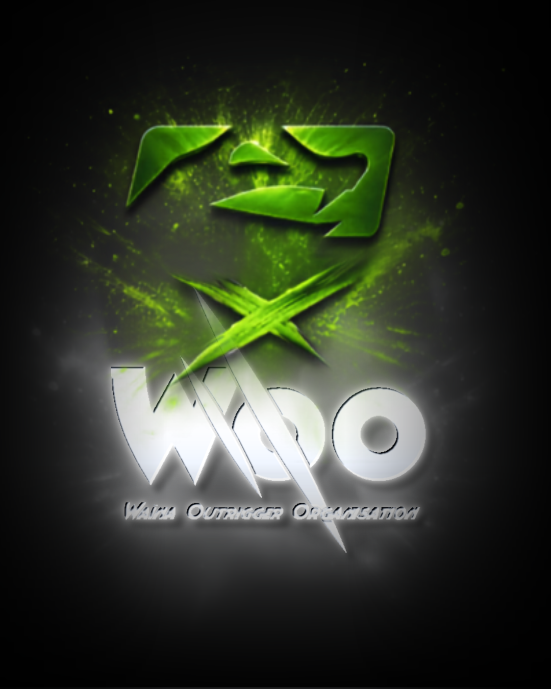 Logo vert et blanc avec un symbole de super-héros et le texte 'WOO" "Waina outrigger Organisation"