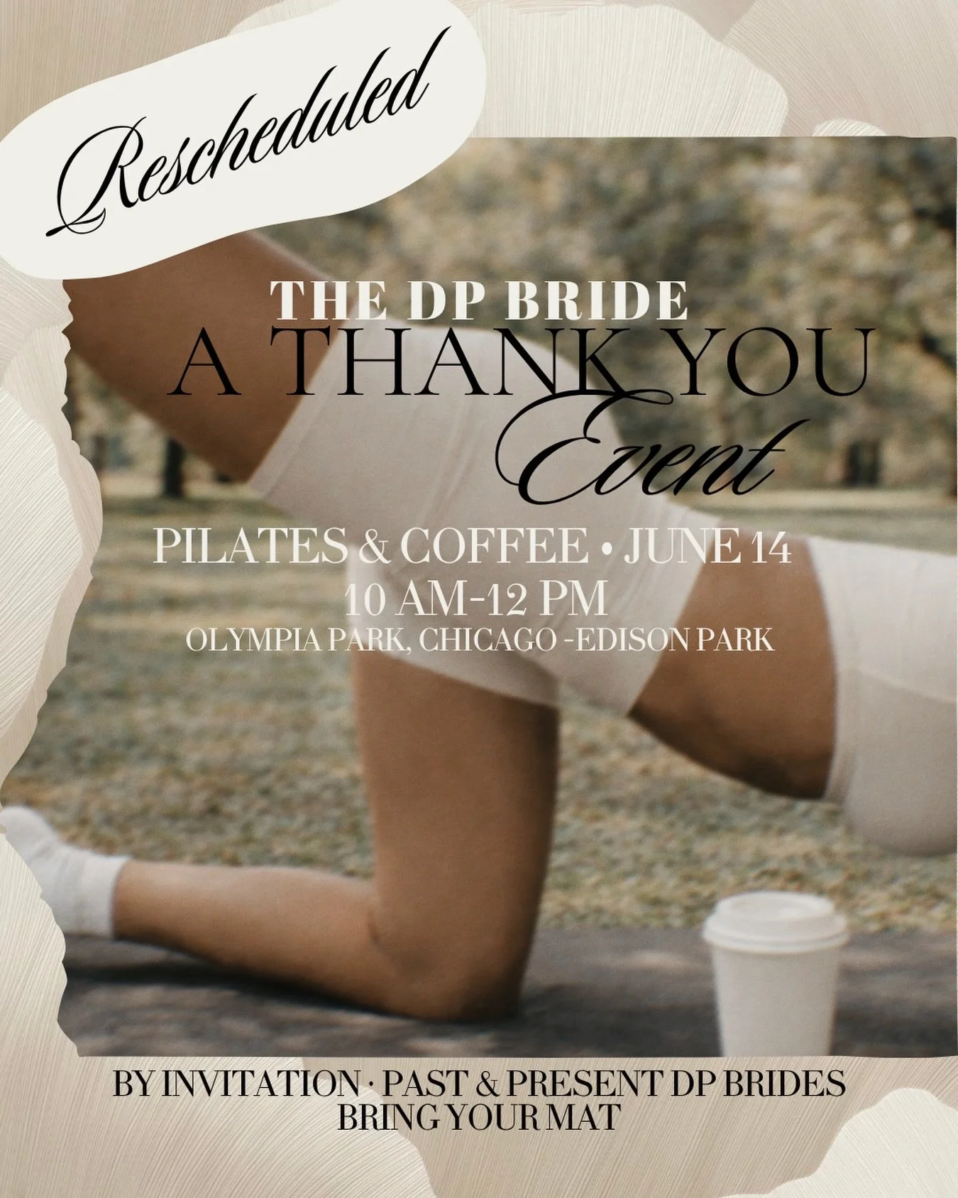 ✨ATTN: Rescheduled✨
due to chilly morning temps tomorrow we&rsquo;ll be pushing our outdoor Pilates event to Sunday, June 14th. Same time, same place. Can&rsquo;t wait to see you then!

&mdash;&mdash;
A thank you morning for my brides. 🤍 

The DP Br