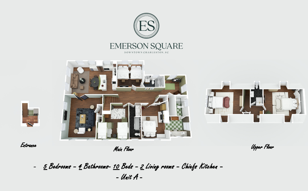 Floor plan showing a two-story apartment with labeled entrance, main floor, and upper floor, including five bedrooms, four bathrooms, ten beds, two living rooms, and a chief's kitchen, labeled as Unit A, with the Emerson Square logo and location in C
