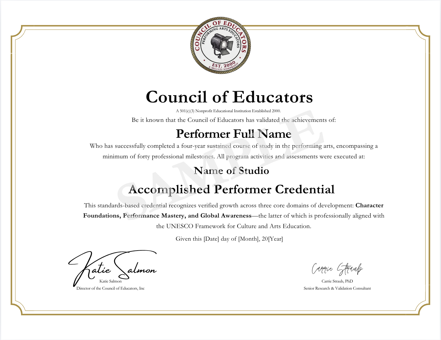 A certificate from the Council of Educators, a nonprofit educational institution established in 2000, recognizing a performer for completing a four-year performing arts course, with signatures from Katie Salmon and Carrie Straub, PhD.