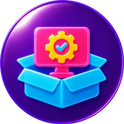 Computer mit Zahnrad und Haken in einem geöffneten Paket als Symbol für die bei TechniKing inklusive und einsatzbereite Einrichtung.
