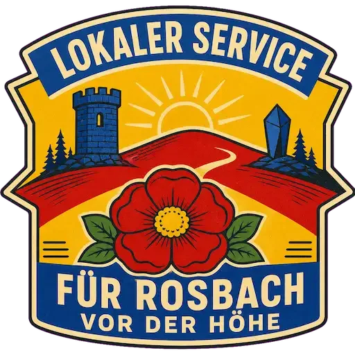 Computerhilfe in Rosbach vor der Höhe – lokales TechniKing-Servicesiegel mit Rose, Turm und Taunuslandschaft