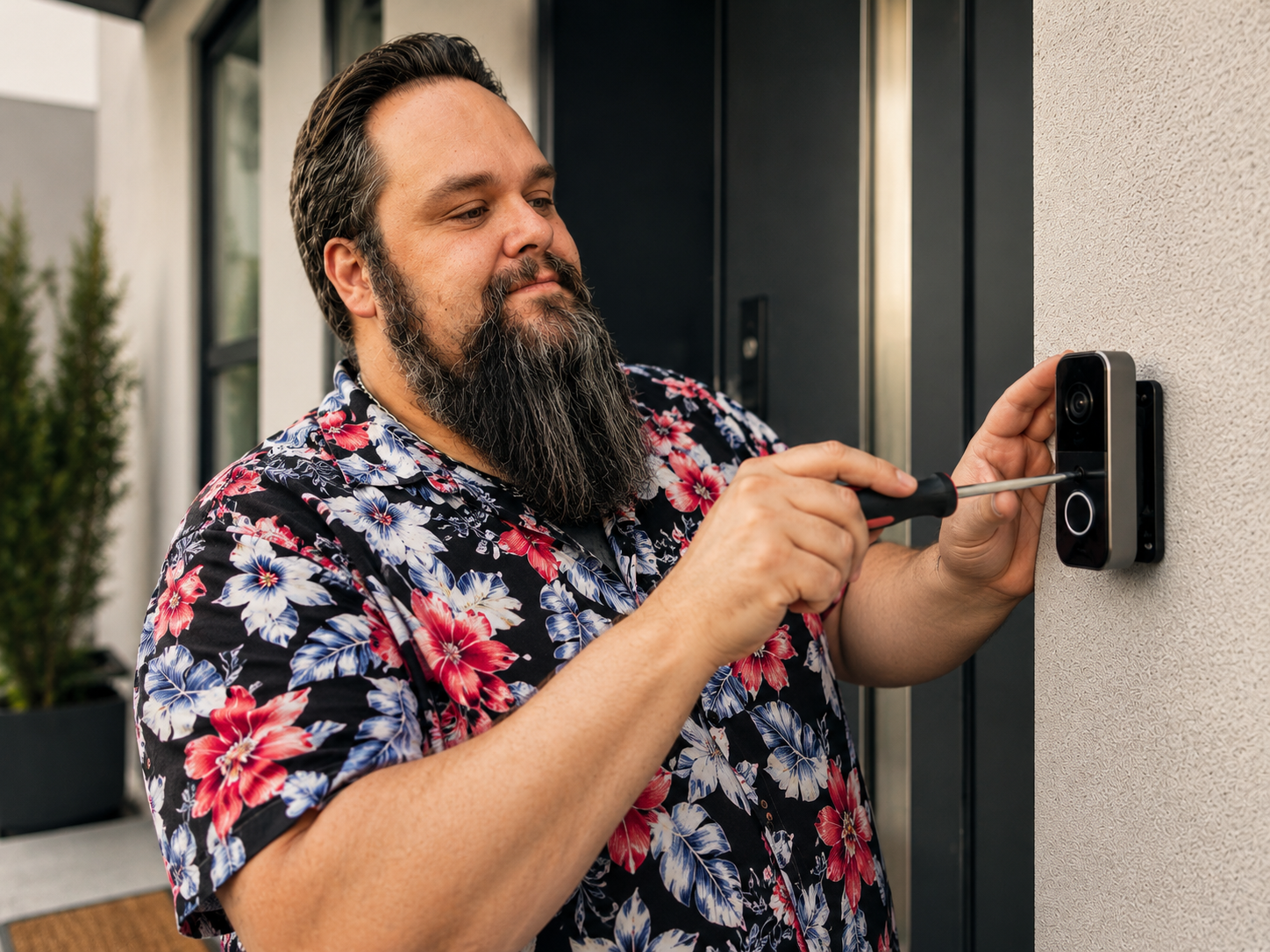 TechniKing installiert eine smarte Video-Türklingel an einem Wohnhaus.