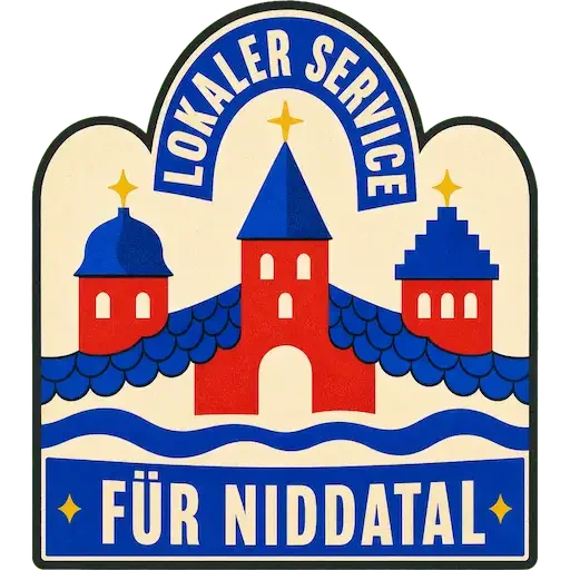Computerhilfe in Niddatal – lokales TechniKing-Servicesiegel mit drei roten Türmen und blauen Nidda-Wellen