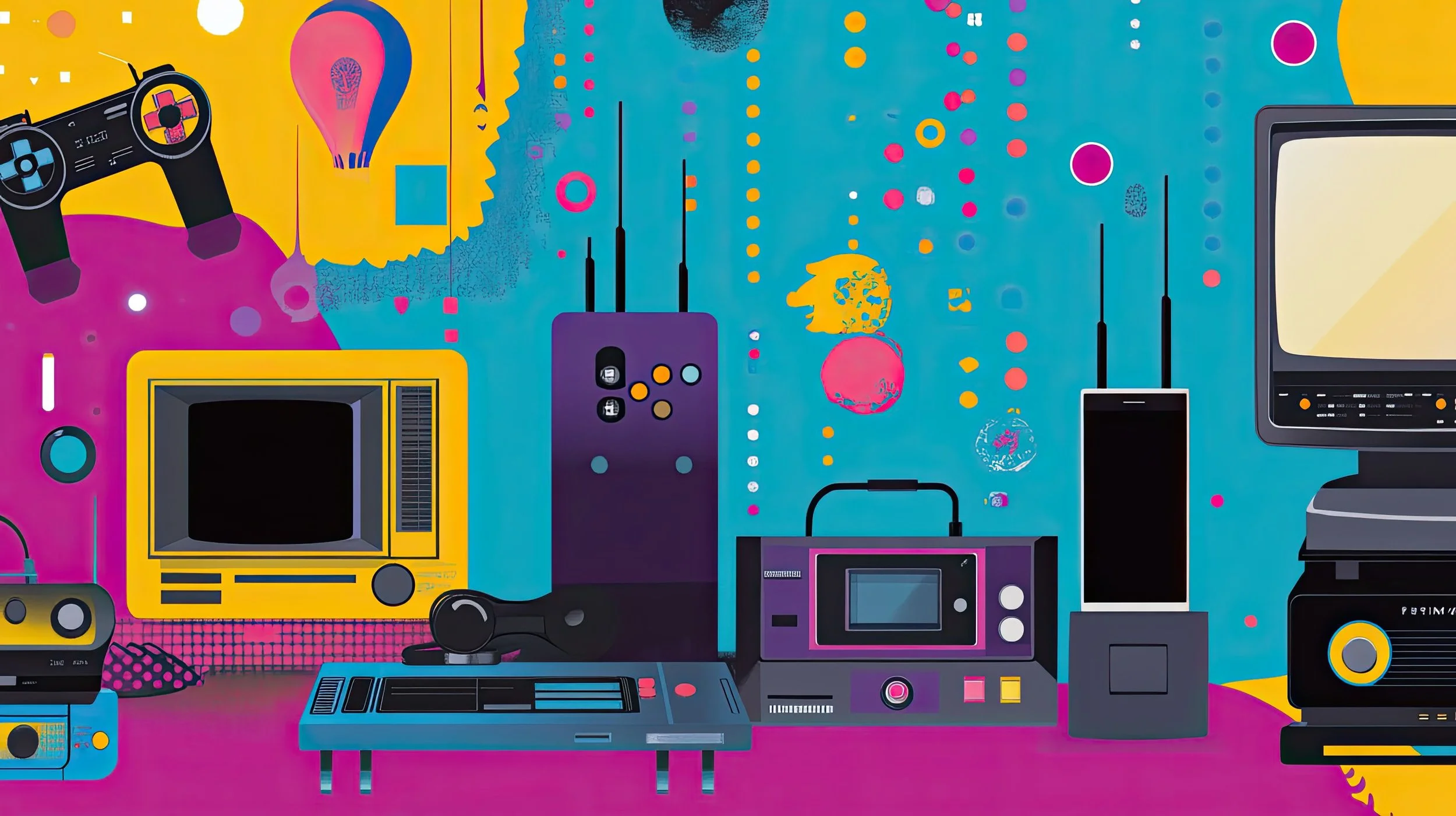 Ein Walkman aus den 80er Jahren neben einem modernen Smartphone, ein VHS-Rekorder neben einem Streaming-Stick – eine visuelle Gegenüberstellung von Retro-Technik und modernen Geräten.