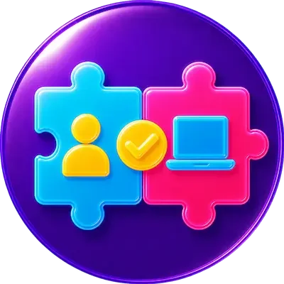 Zwei passende Puzzleteile mit Kunden- und Laptop-Symbol sowie Prüfhaken für individuell passende Technik-Empfehlungen von TechniKing.