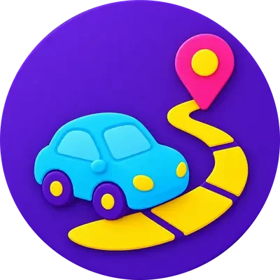 Blaues Auto auf einer goldenen Route zu einem Standortziel als Symbol für den regionalen Vor-Ort-Service von TechniKing.