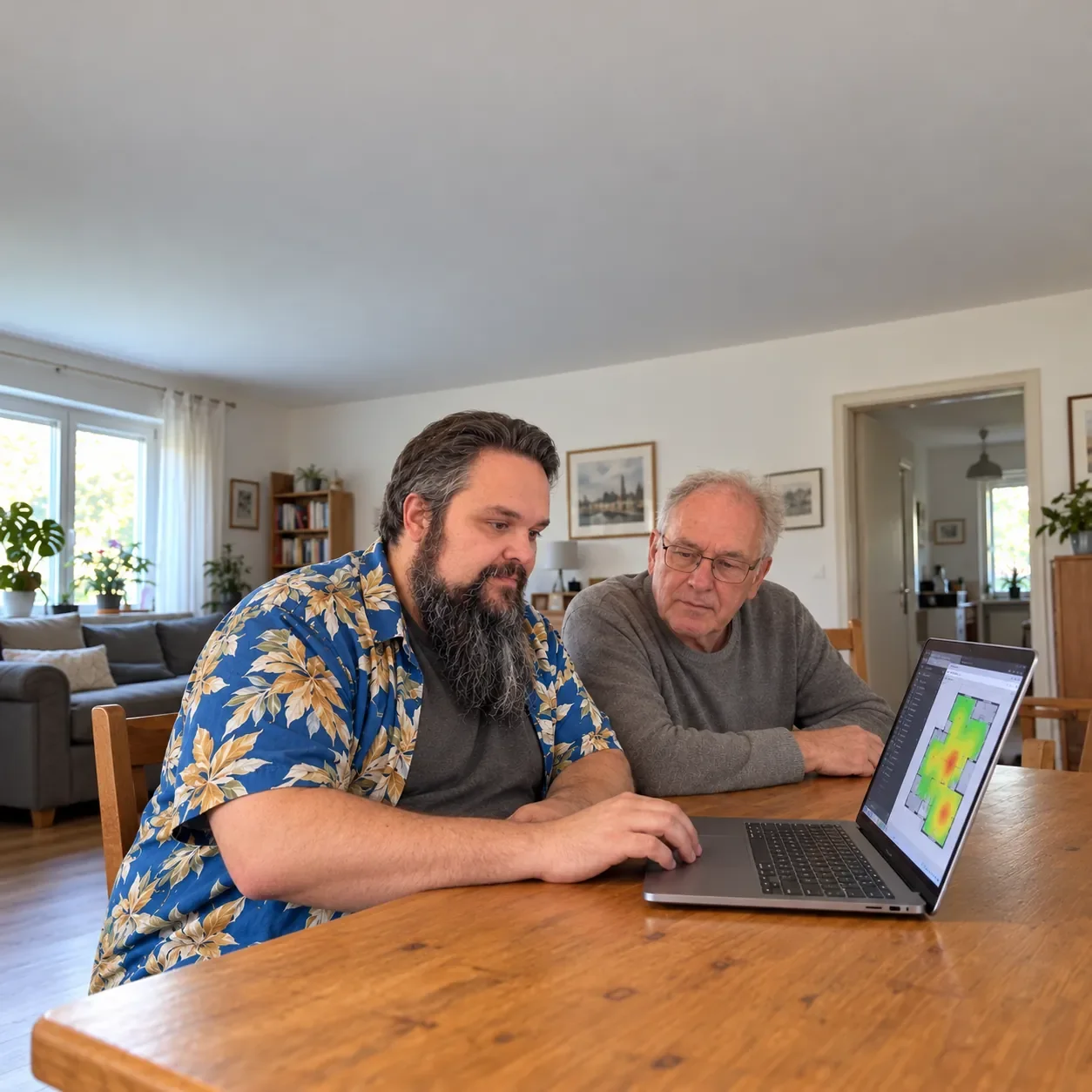 Alexander Klein von TechniKing analysiert mit einem Kunden die WLAN-Abdeckung auf einem Notebook.