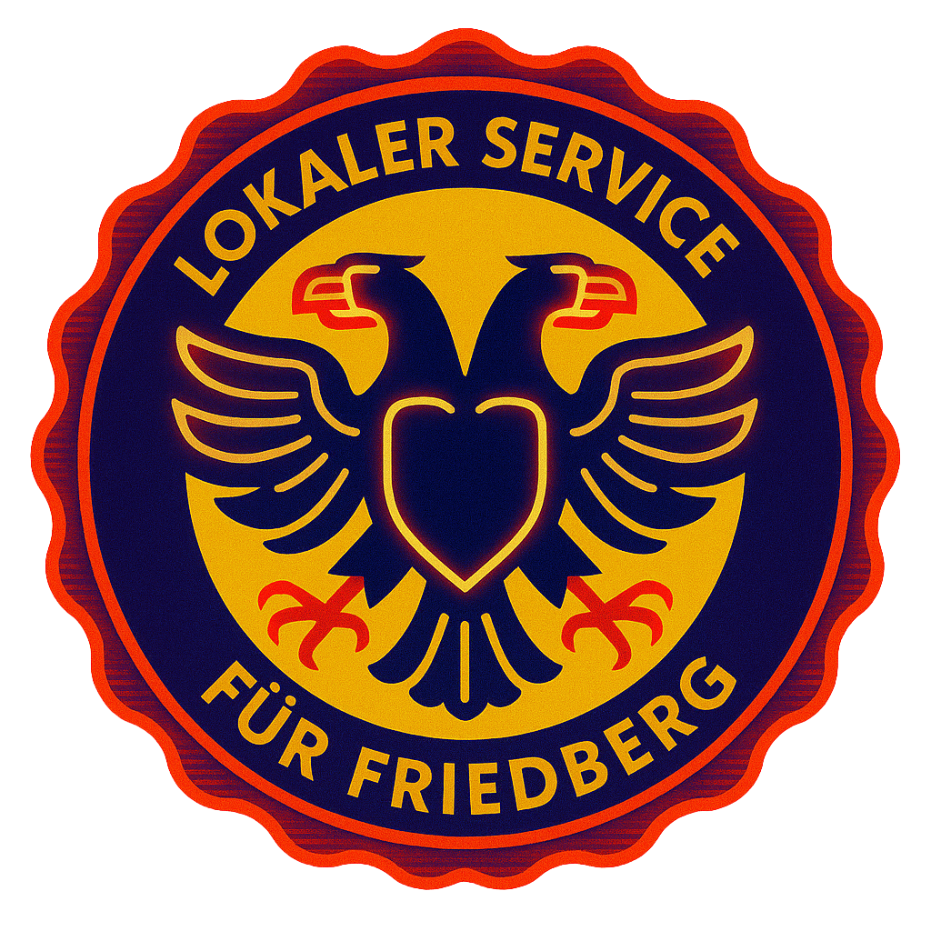 Neonfarbenes TechniKing-Siegel für Friedberg mit abstrahiertem zweiköpfigem Adler im Retro-Future-Design als Symbol für lokalen Technikservice.