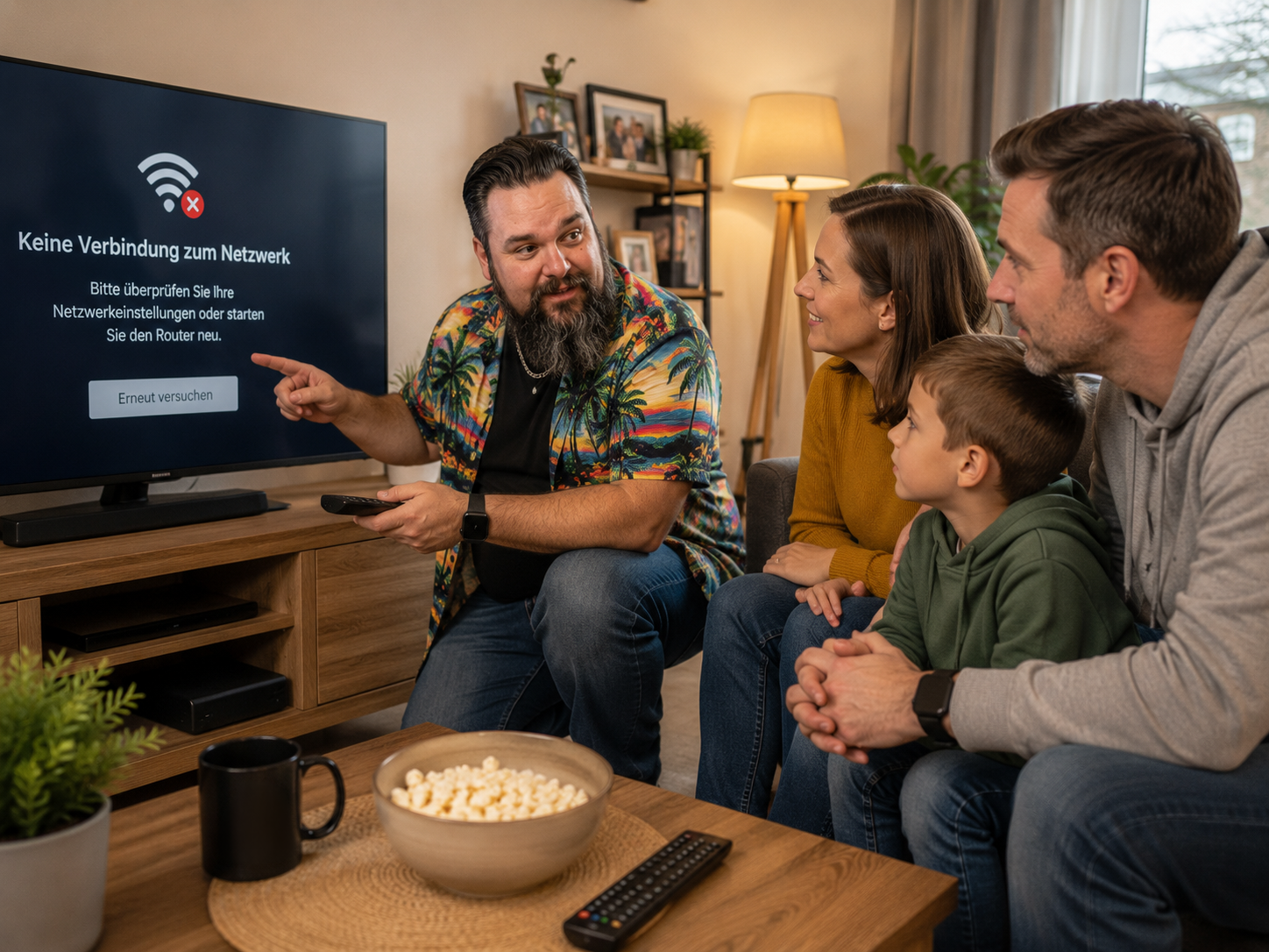 TechniKing erklärt einer Familie die Ursache eines WLAN-Problems am Fernseher und zeigt die passende Lösung.