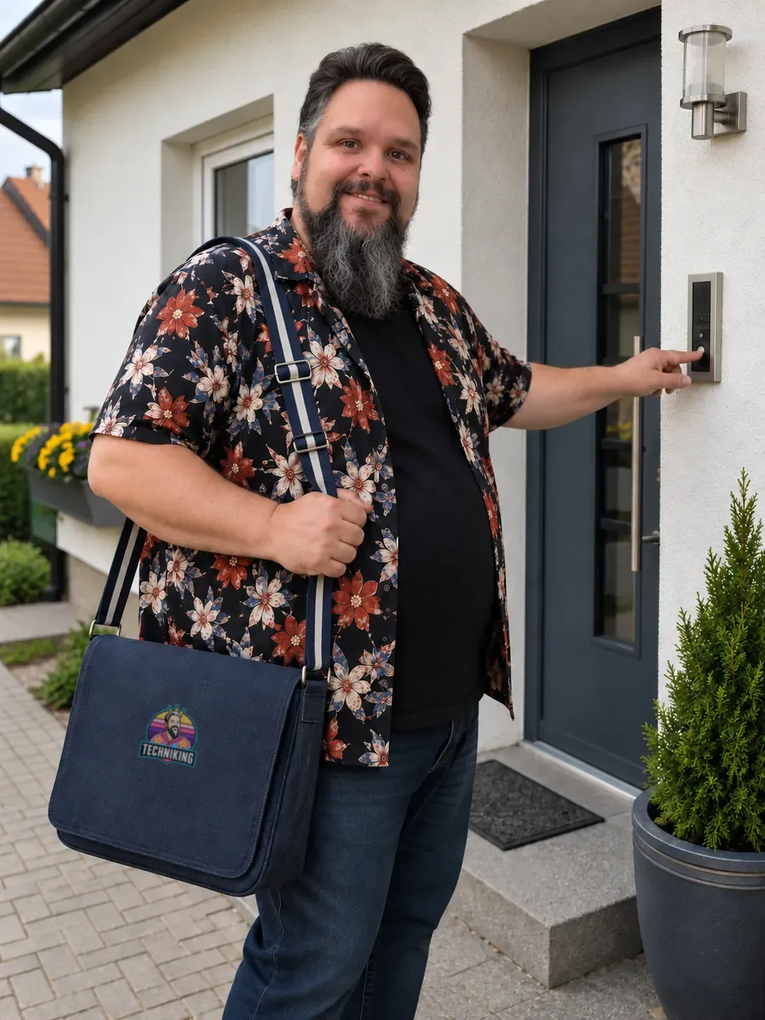 Alexander Klein von TechniKing klingelt mit seiner Technik-Tasche an der Haustür zu einem Hausbesuch.