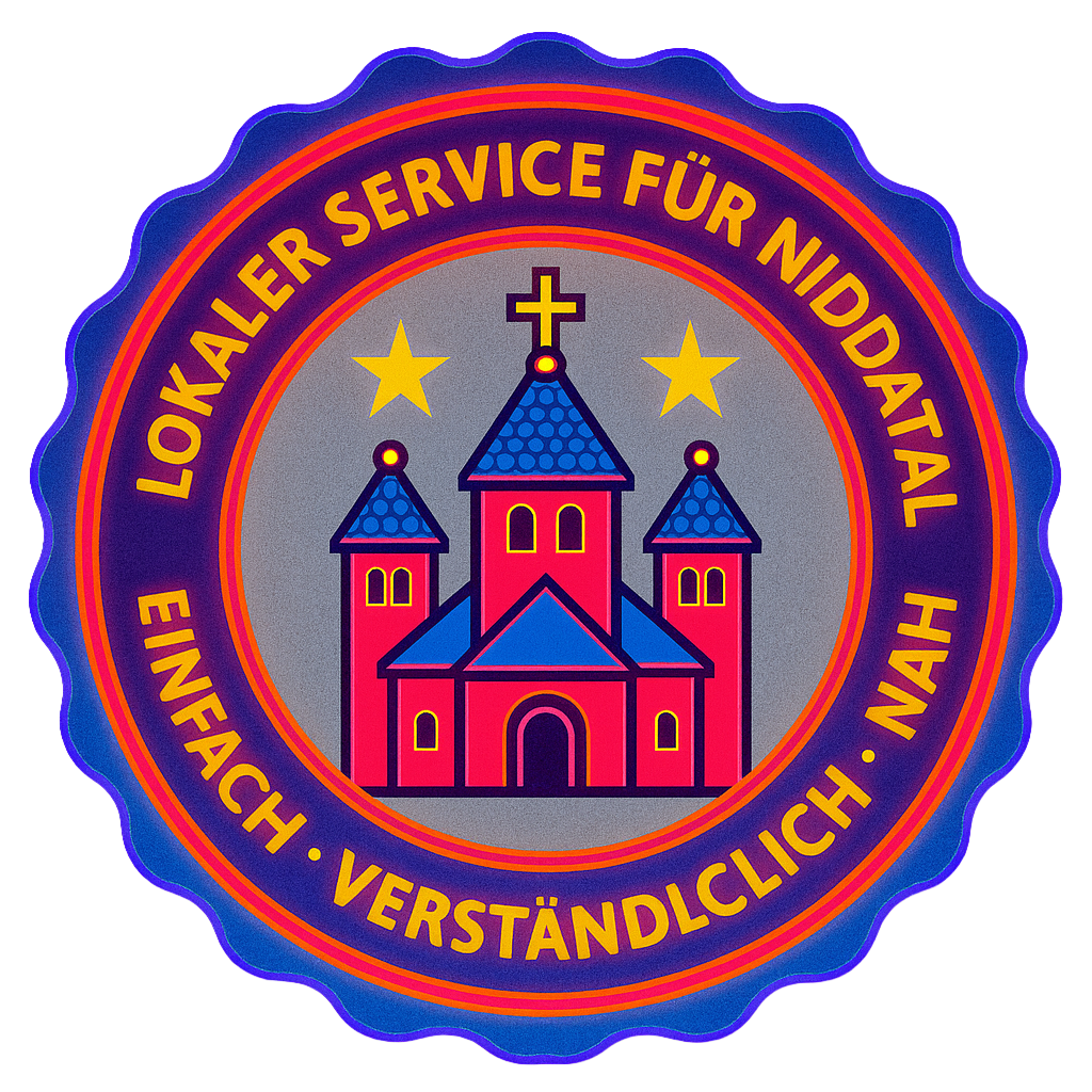 Neonfarbenes TechniKing-Siegel für Niddatal mit stilisierter Kirche im Retro-Future-Design, Hinweis auf lokalen Techniksupport.