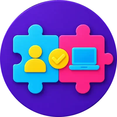 Zwei passende Puzzleteile mit Kunden- und Laptop-Symbol sowie Prüfhaken für individuell passende Technik-Empfehlungen von TechniKing.