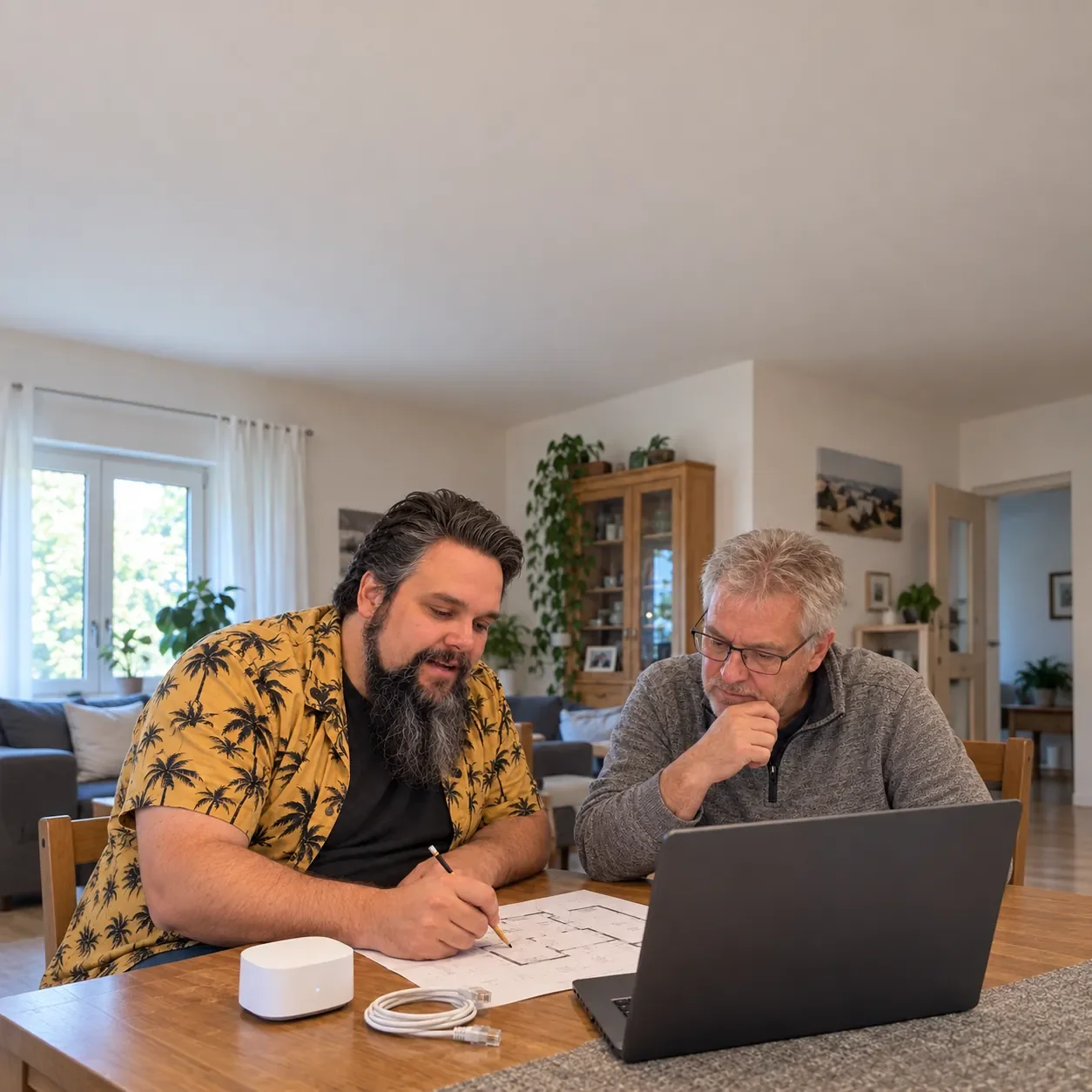 Alexander Klein von TechniKing bespricht mit einem Kunden die WLAN-Abdeckung anhand eines Hausgrundrisses.