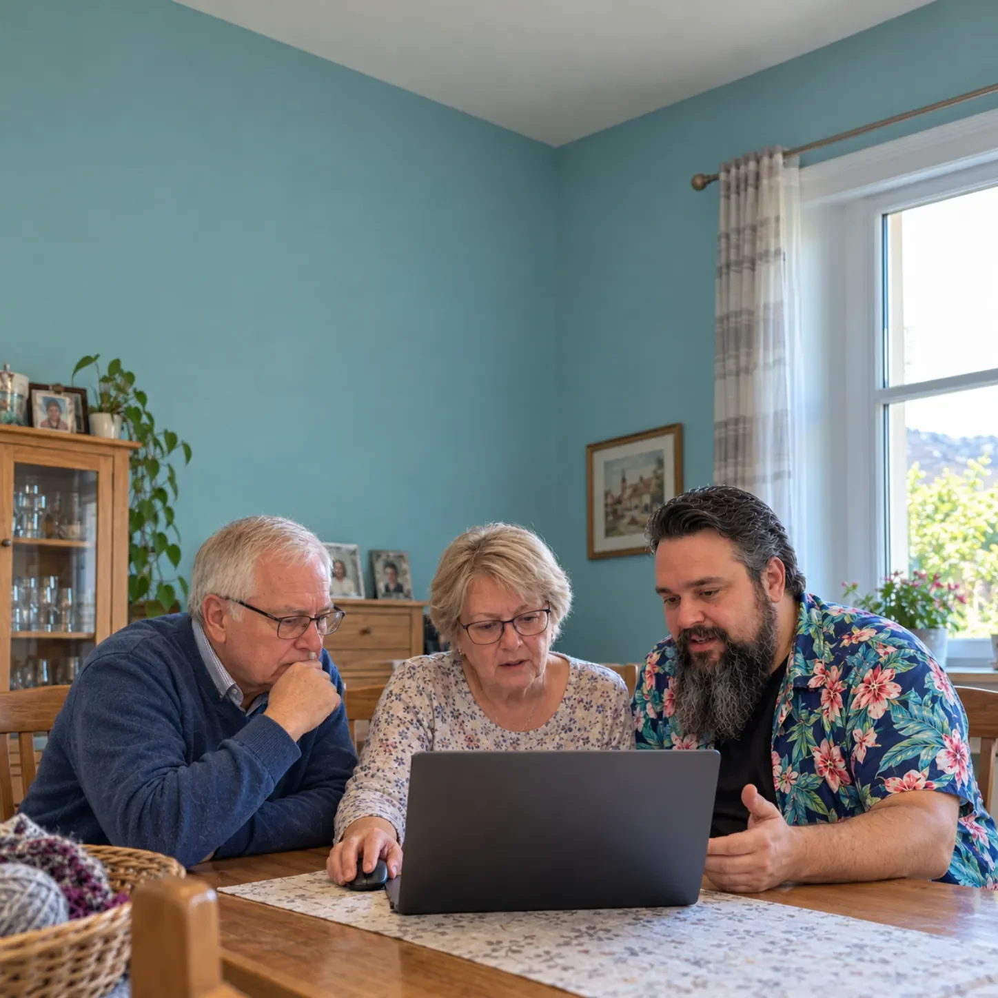 Alexander Klein von TechniKing erklärt einem älteren Paar die Bedienung eines Computers am Wohnzimmertisch.