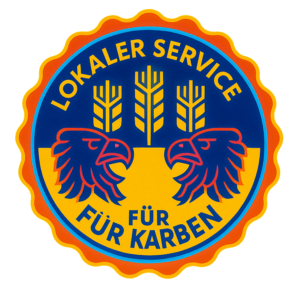 Neonfarbenes TechniKing-Siegel für Karben mit stilisierten Getreidegarben und Adlerköpfen im Retro-Future-Design als Symbol für lokalen Techniksupport.