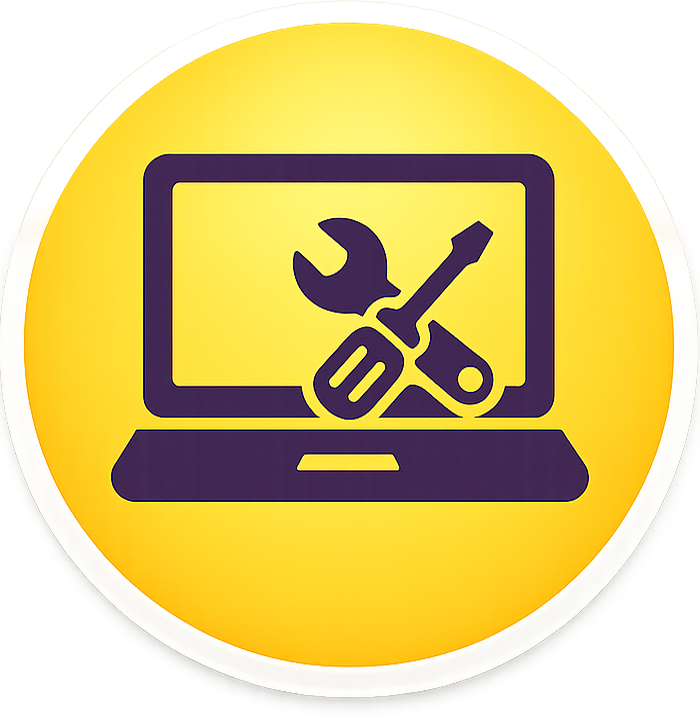 Symbol für Computer- und Laptop-Hilfe bei langsamen Computern, Fehlern und technischen Problemen.