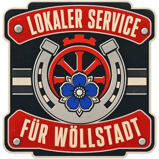 Computerhilfe in Wöllstadt – lokales TechniKing-Servicesiegel mit rotem Rad, Hufeisen und blauer Rose