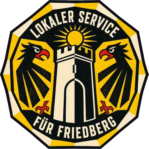 Computerhilfe in Friedberg – lokales TechniKing-Servicesiegel mit zwei Adlerköpfen und schwarz-weißem Burgtor