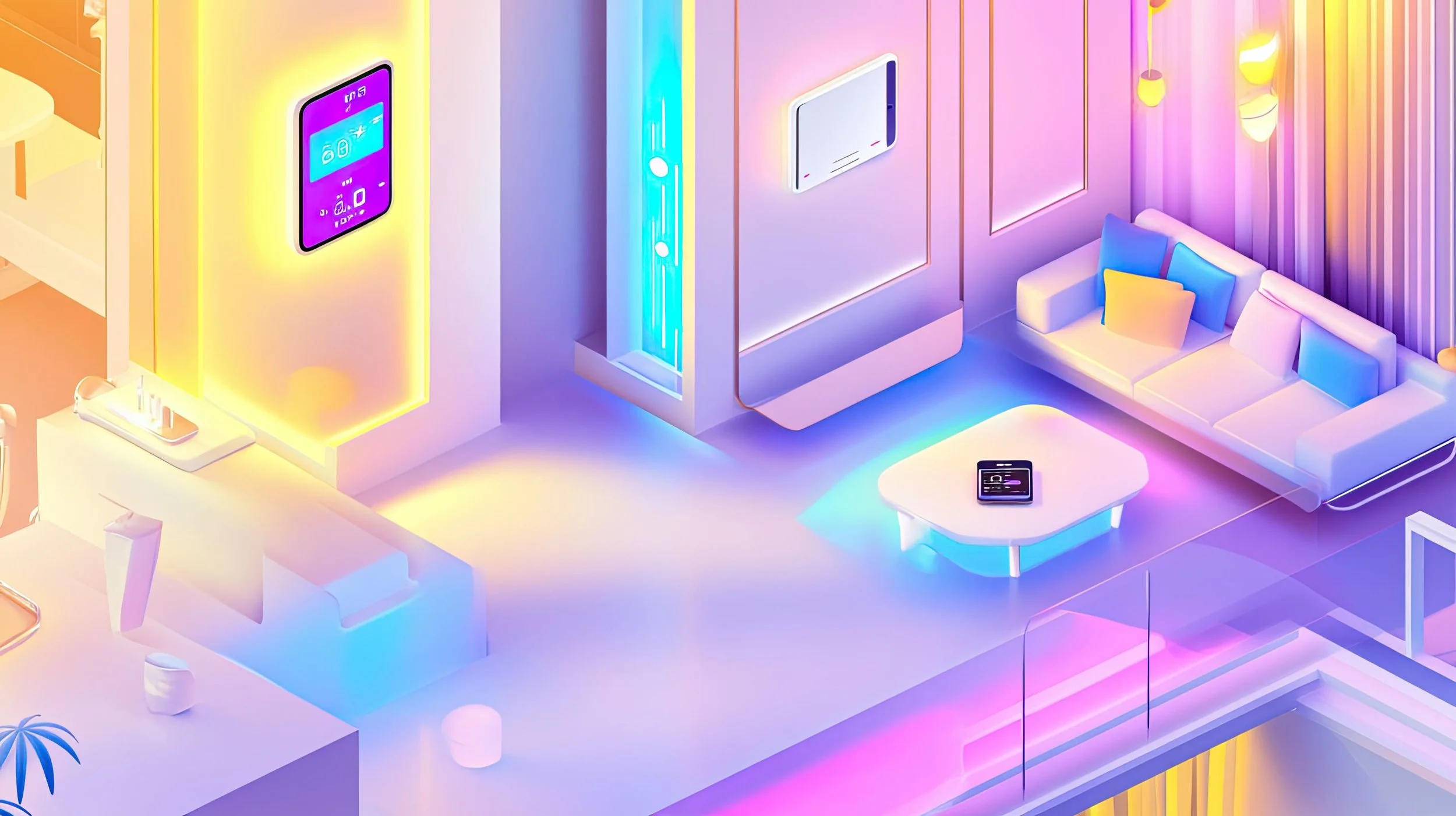Intelligentes Thermostat und App-gesteuerte energiesparende Beleuchtung in einem modernen Smart-Home-Wohnzimmer, dargestellt in TechniKing-Farben.
