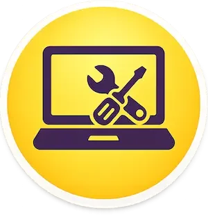 Symbol für Computer- und Laptop-Hilfe bei langsamen Computern, Fehlern und technischen Problemen.