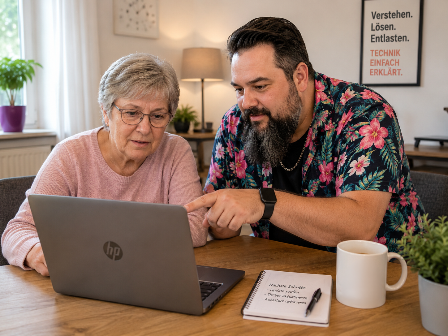 TechniKing unterstützt eine Seniorin persönlich bei Computerproblemen und erklärt die nächsten Schritte verständlich.