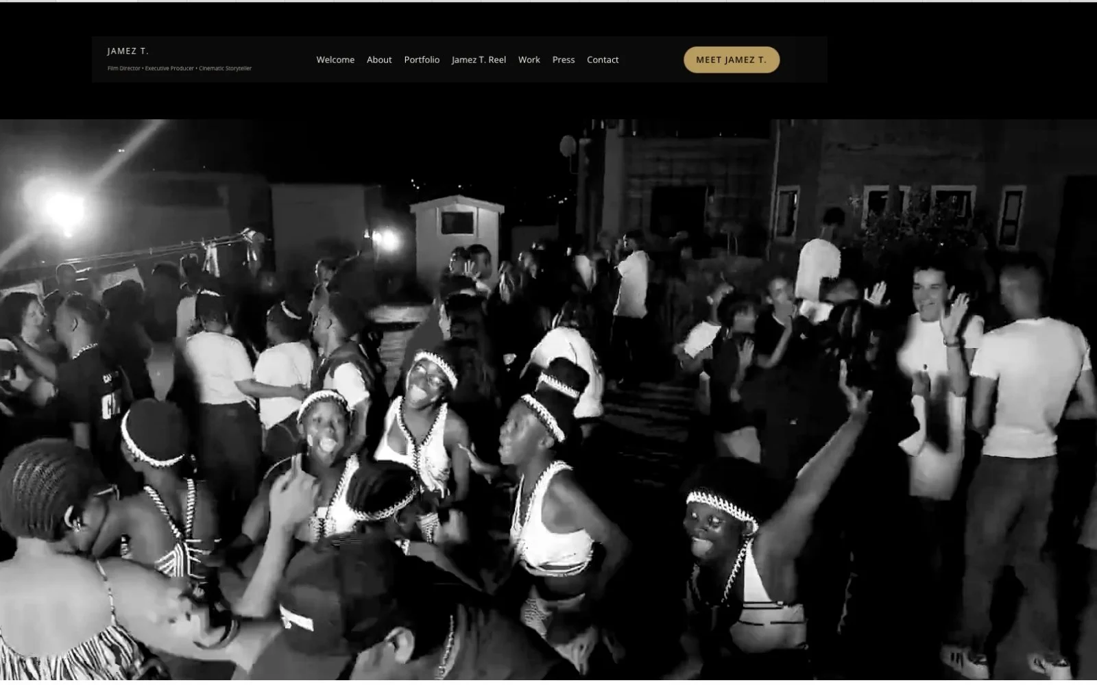 Jamez T. personal brand website featuring a cinematic black-and-white homepage designed by TJK Plus