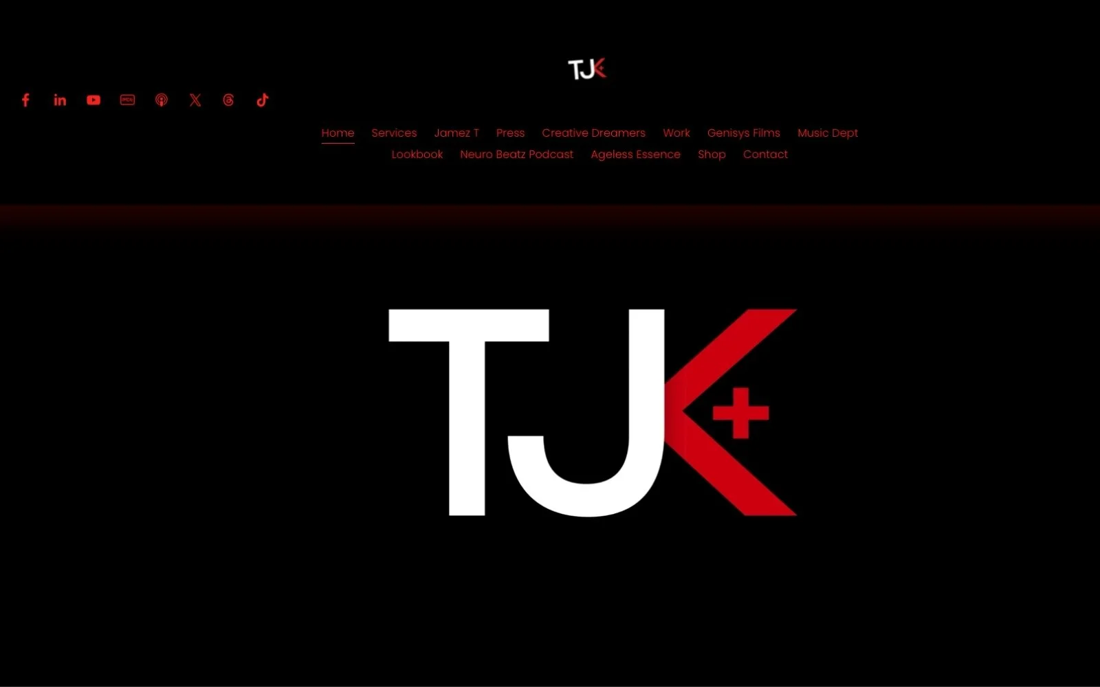 TJK Plus creative production website featuring the black, white, and red TJK Plus brand identity