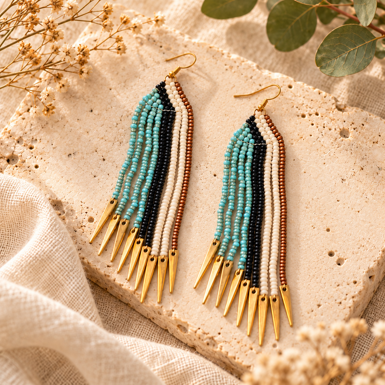 Boho Cowgirl Seed Bead Earrings | Southwestern Dangle Earrings | Handmade in Colorado | Turquoise-Colored Black Tan White