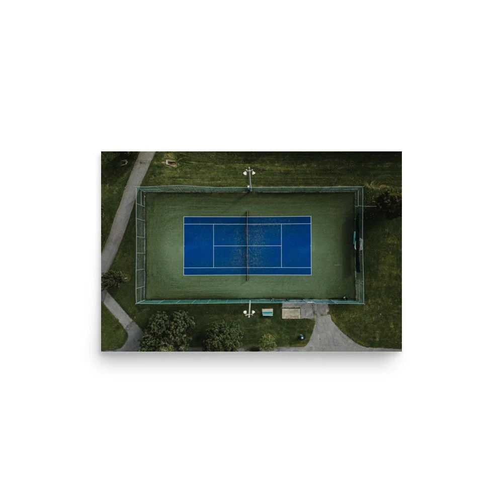 Court de tennis bleu, vue du ciel – Tirage d'art