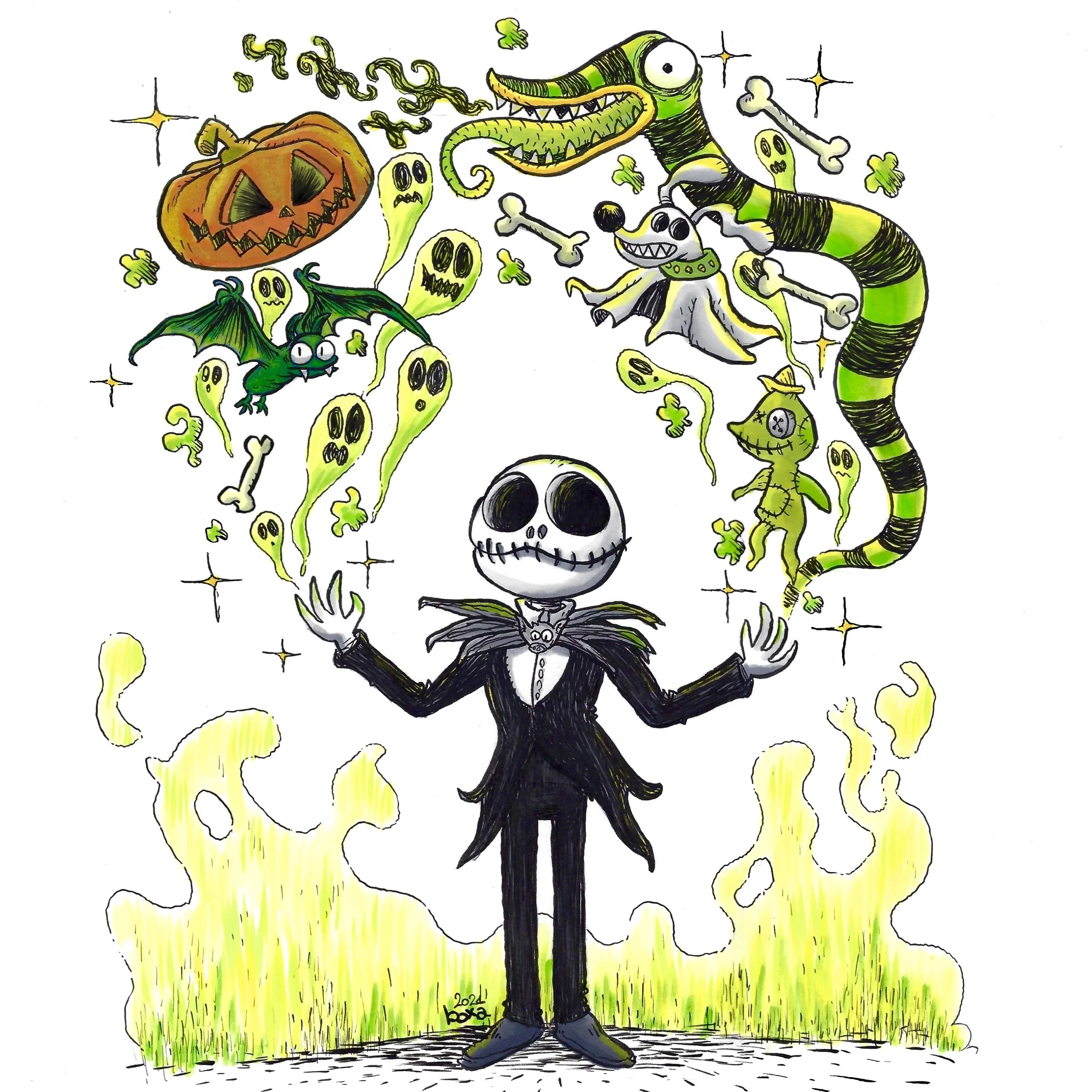 Un personnage avec une tête de squelette, vêtu d'un costume noir, maniant des créatures fantasmagoriques telles qu'une citrouille hantée, un dracula, un dragon, un serpent, et divers autres monstres d'Halloween, entourés d'étincelles et de brume jaun