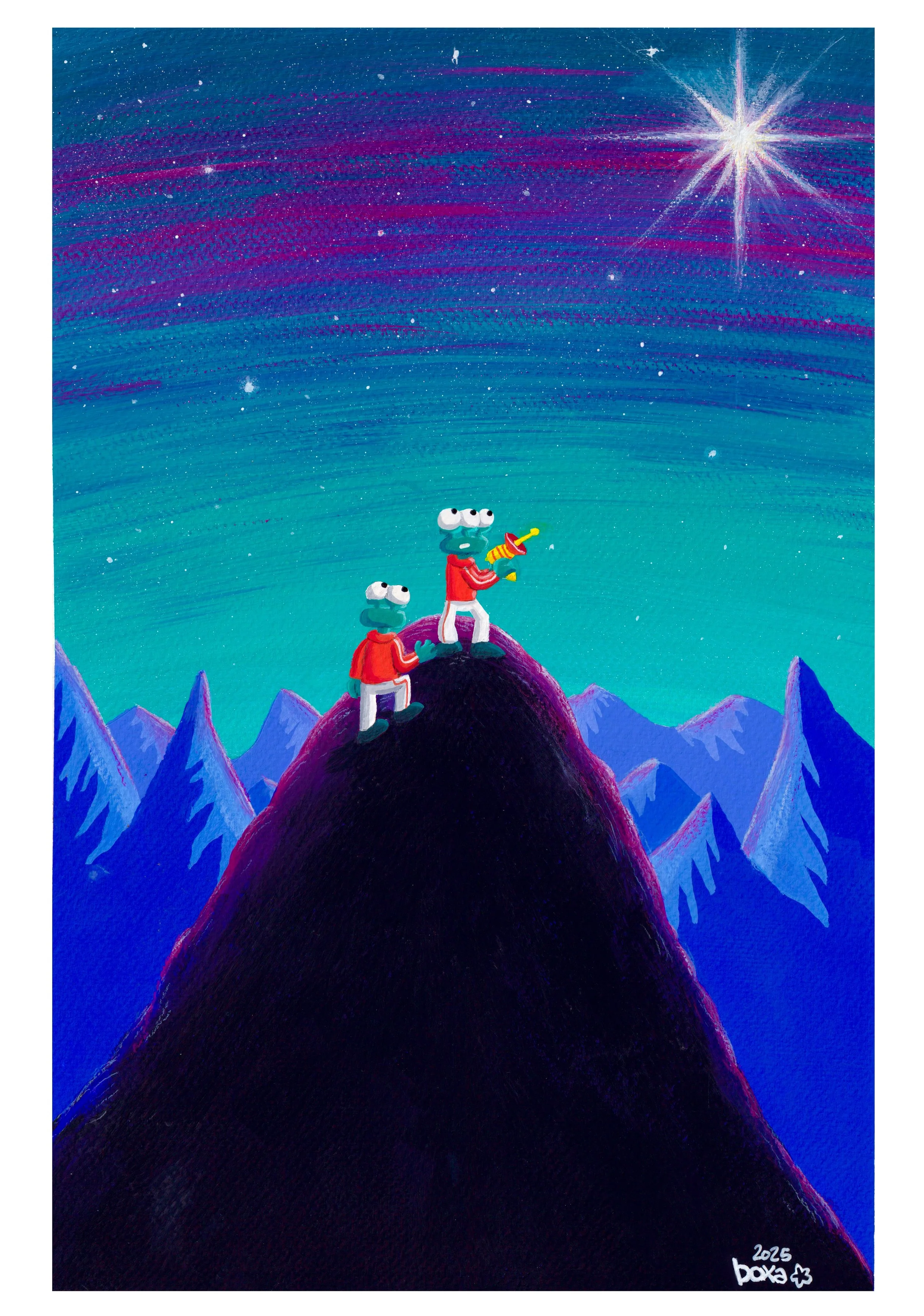 Deux personnages ailés avec de gros yeux se tiennent sur une montagne noire, regardant un ciel étoilé avec une grande étoile brillante. Les personnages portent des vêtements rouges et blancs. La scène est colorée avec des montagnes bleues et un ciel