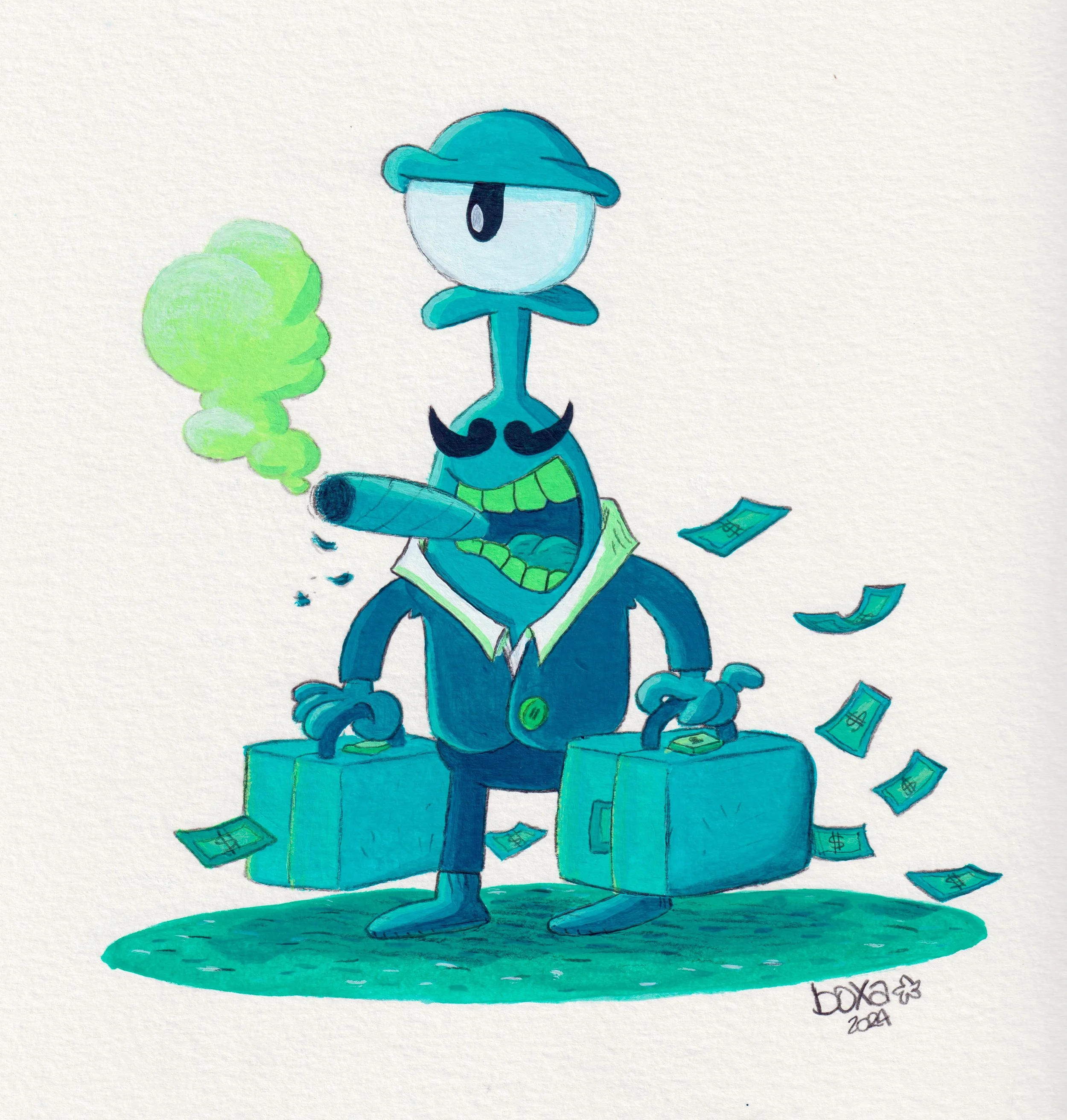 Un personnage bleu avec un chapeau, une moustache, fumant un cigare, portant deux valises, entouré de billets de banque, représentant un homme d'affaires ou un vice-président de société de manière humoristique.