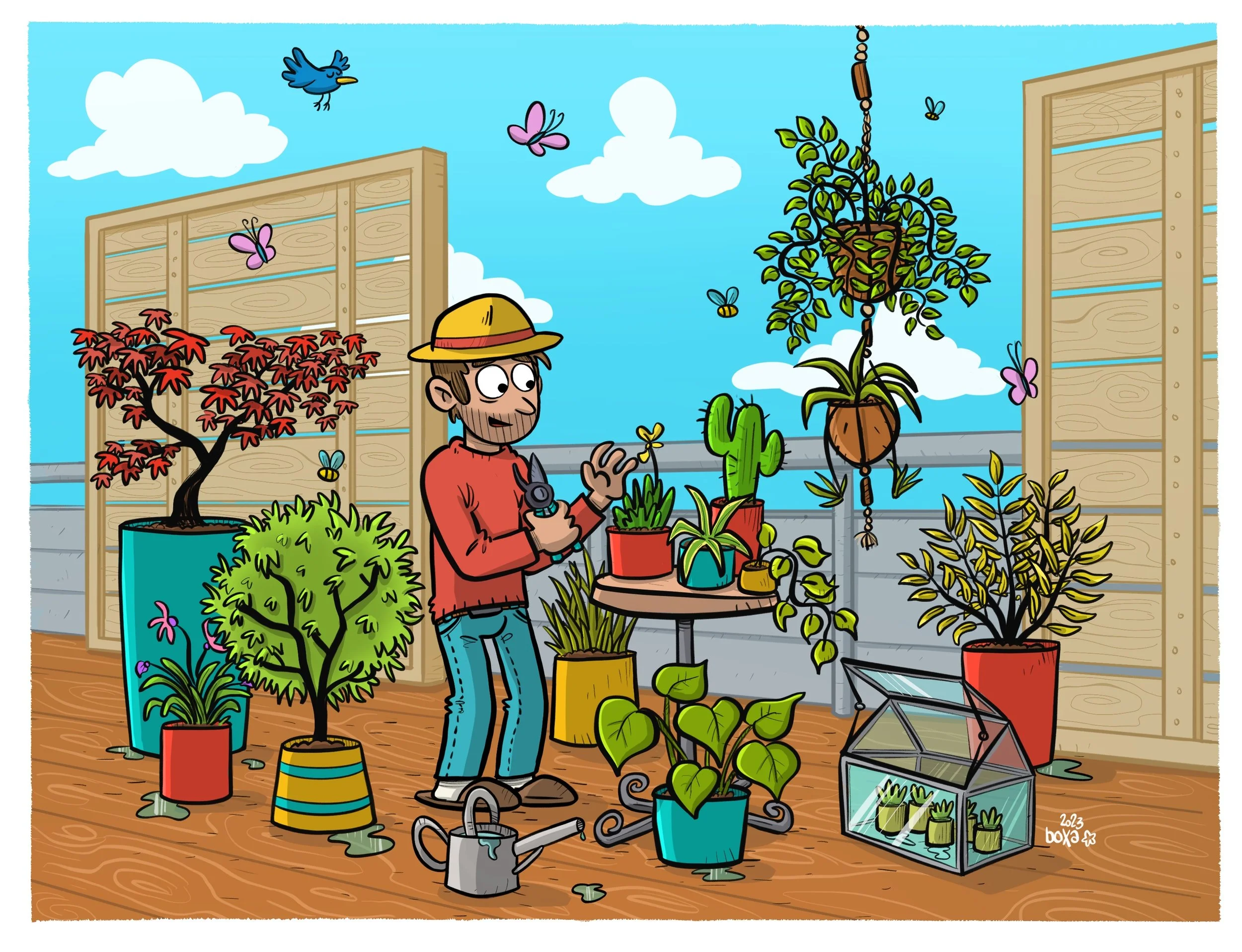 Un homme dans une serre ou un espace de jardinage intérieur, entouré de plusieurs plantes en pots, y compris un arbre à feuilles rouges, un arbre à feuilles vertes, des cactées, et des plantes suspendues, en train de s'occuper de ses plantes. Il tien