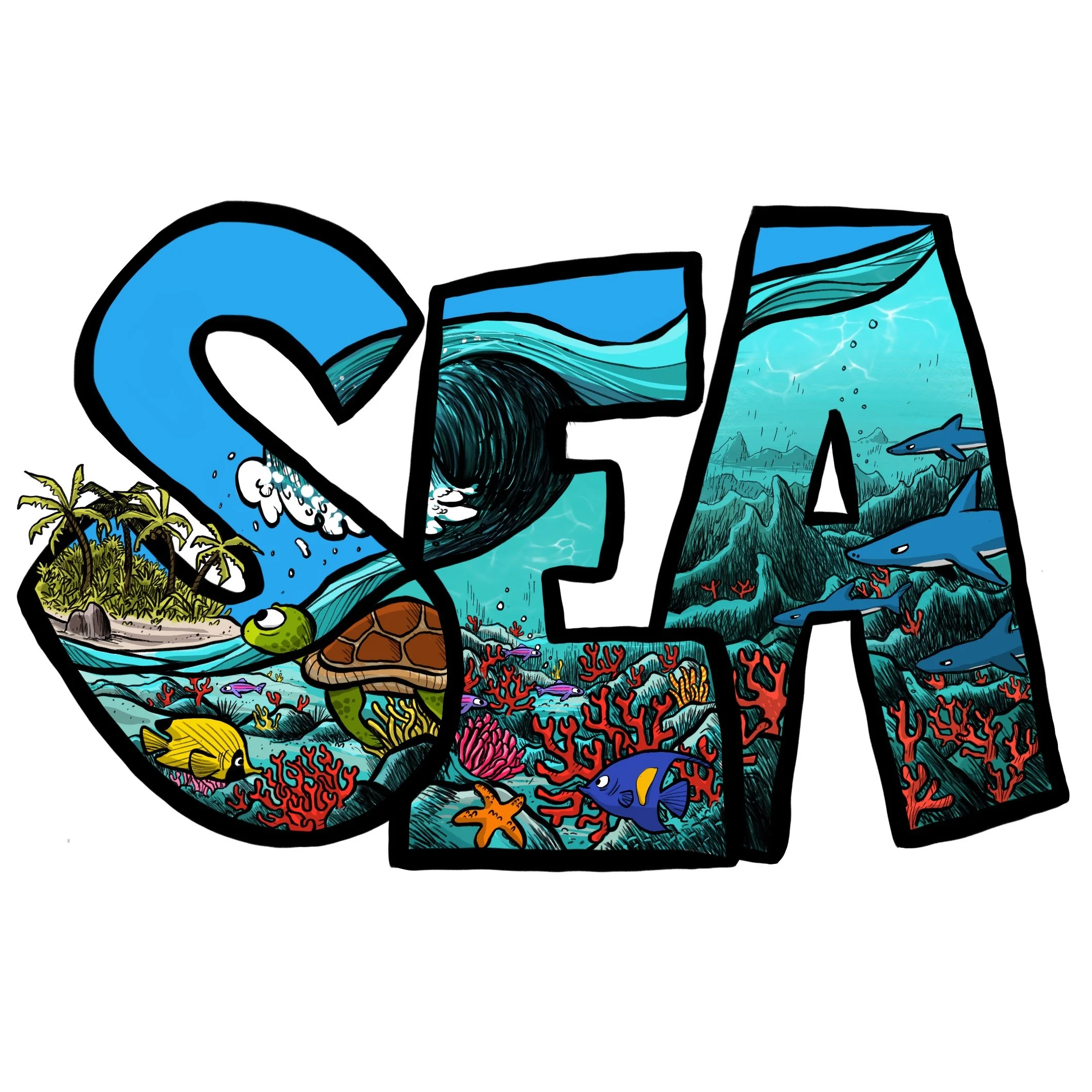 Mot en lettres SEMA rempli d'illustrations marines et d'une île tropicale avec palmiers, poissons, tortue, coraux, et un vortex en haut.
