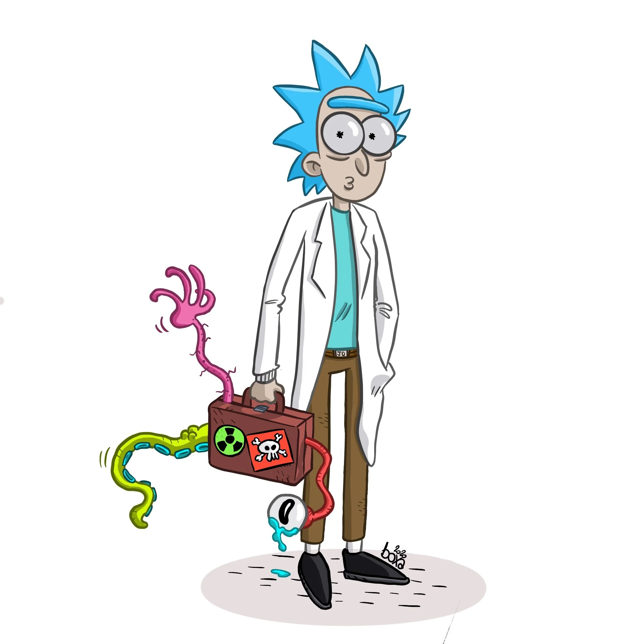 Illustration d’un scientifique ressemblant au personnage de Rick de Rick et Morty, tenant une mallette radioactive avec des tentacules colorés suspendus et une fuite radioactive qui coule de la mallette.
