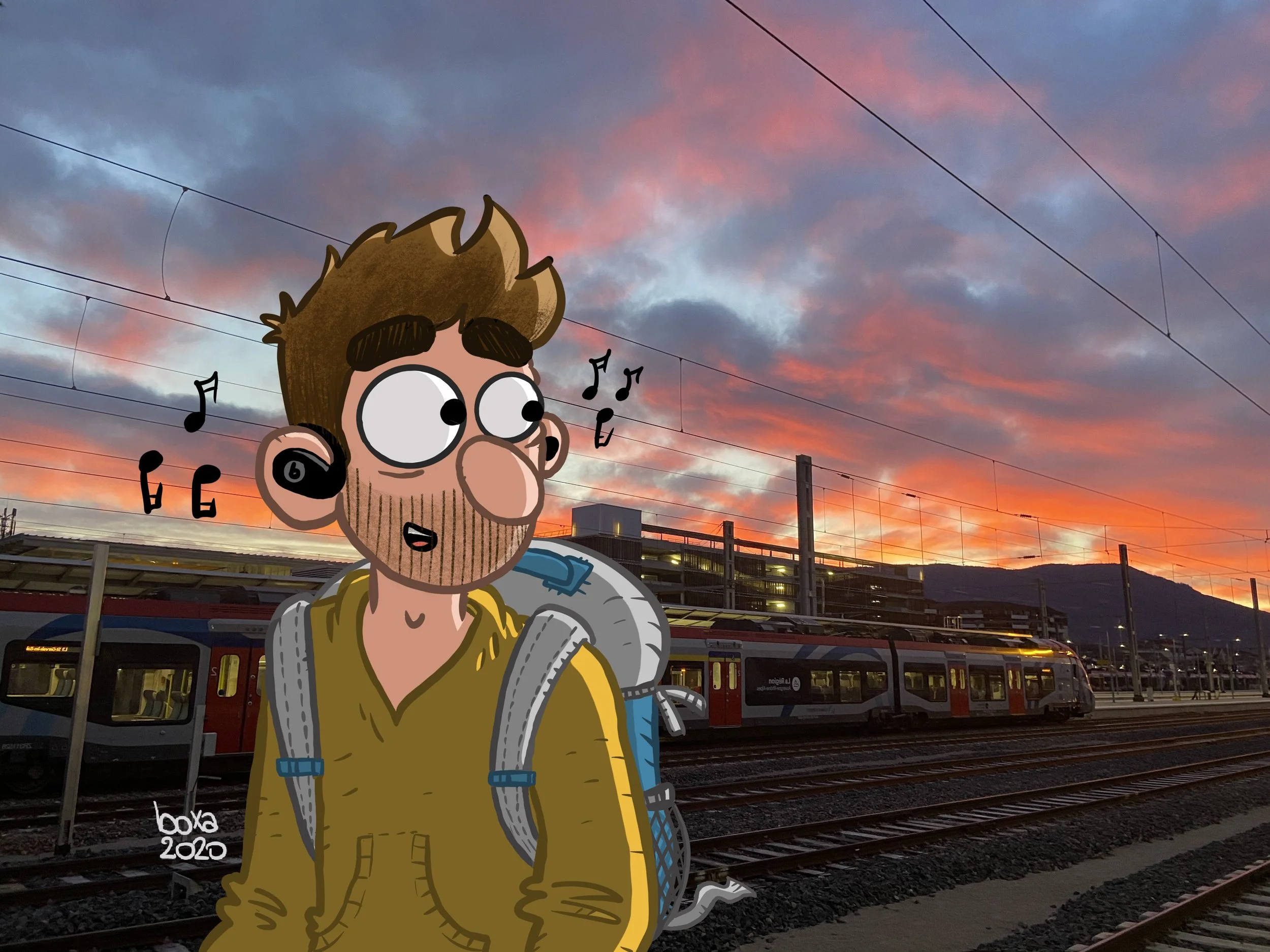 Illustration d'un homme avec un sac à dos, casque sans fil, souriant, chantant, avec un coucher de soleil en arrière-plan sur une gare avec train.