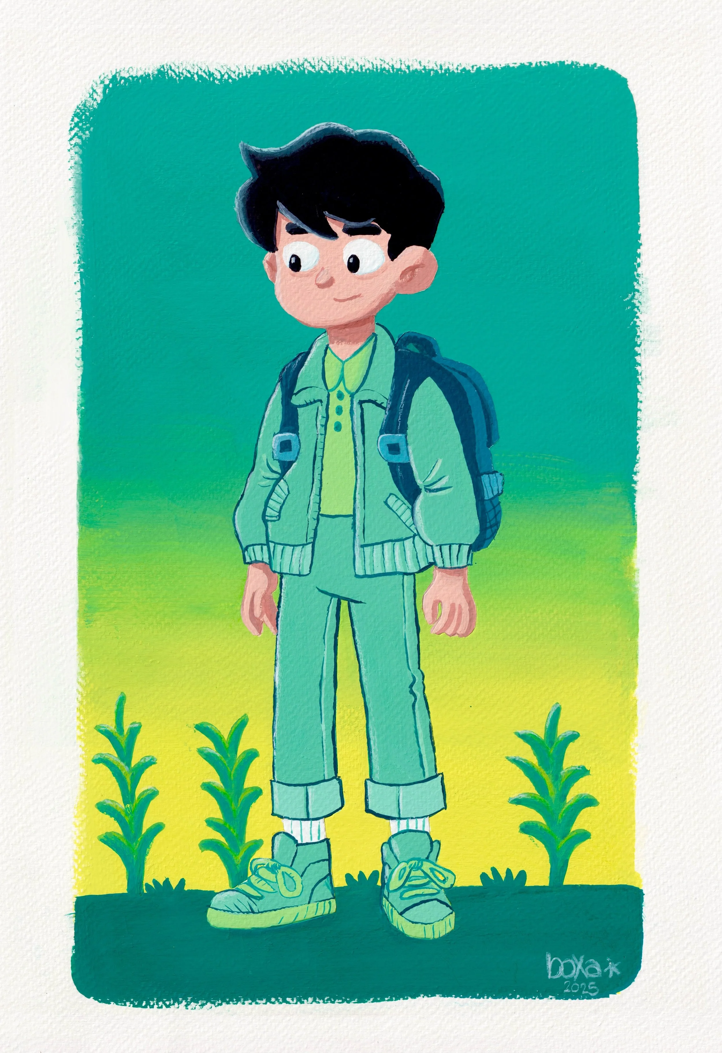 Illustration d'un jeune garçon avec un sac à dos, portant une veste, un pantalon et des baskets, debout dans un champ avec des jeunes plants.