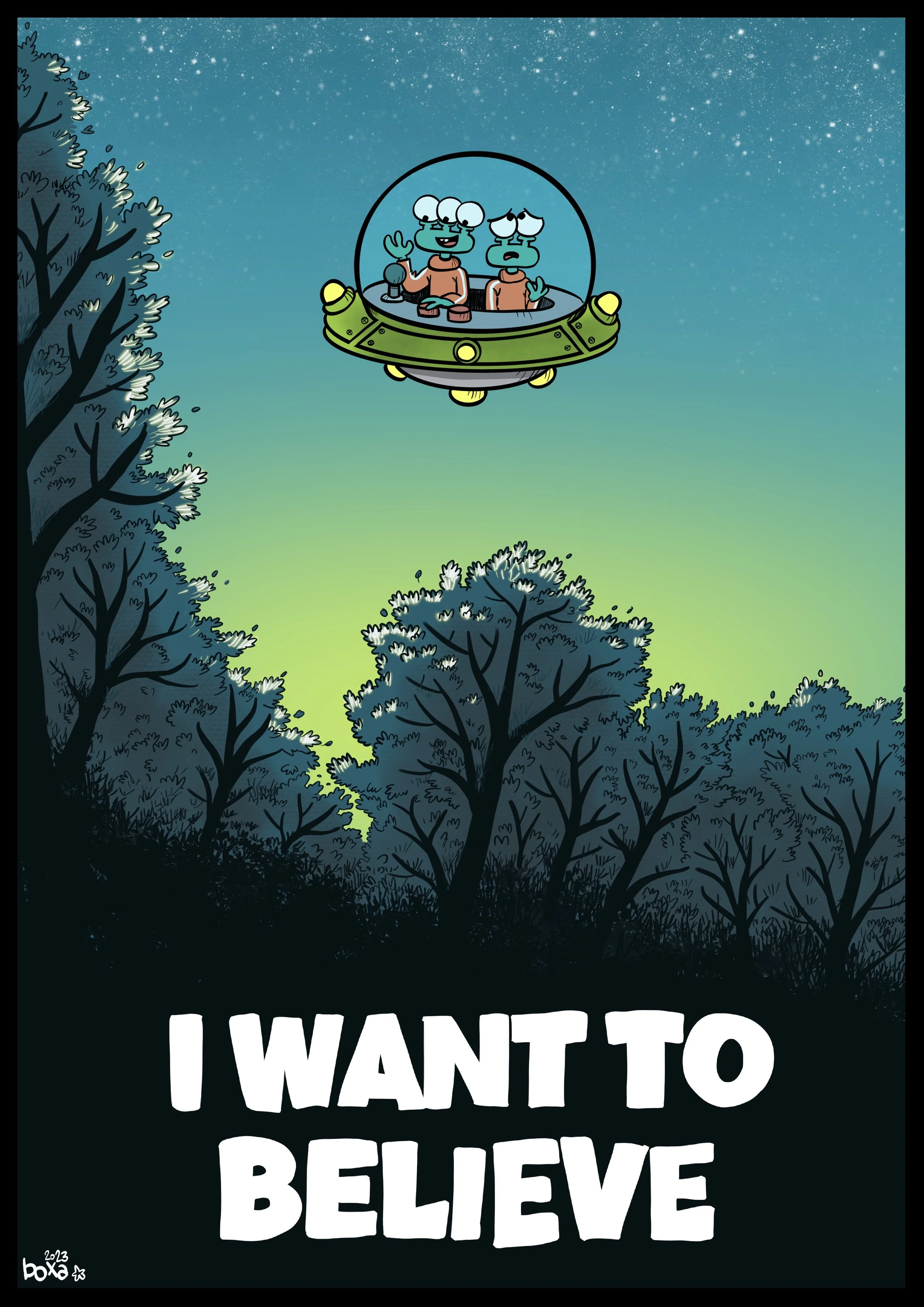 Une scène de bande dessinée avec deux personnages dans un vaisseau spatial volant entre des arbres, avec le texte 'Je veux croire' à la fin.