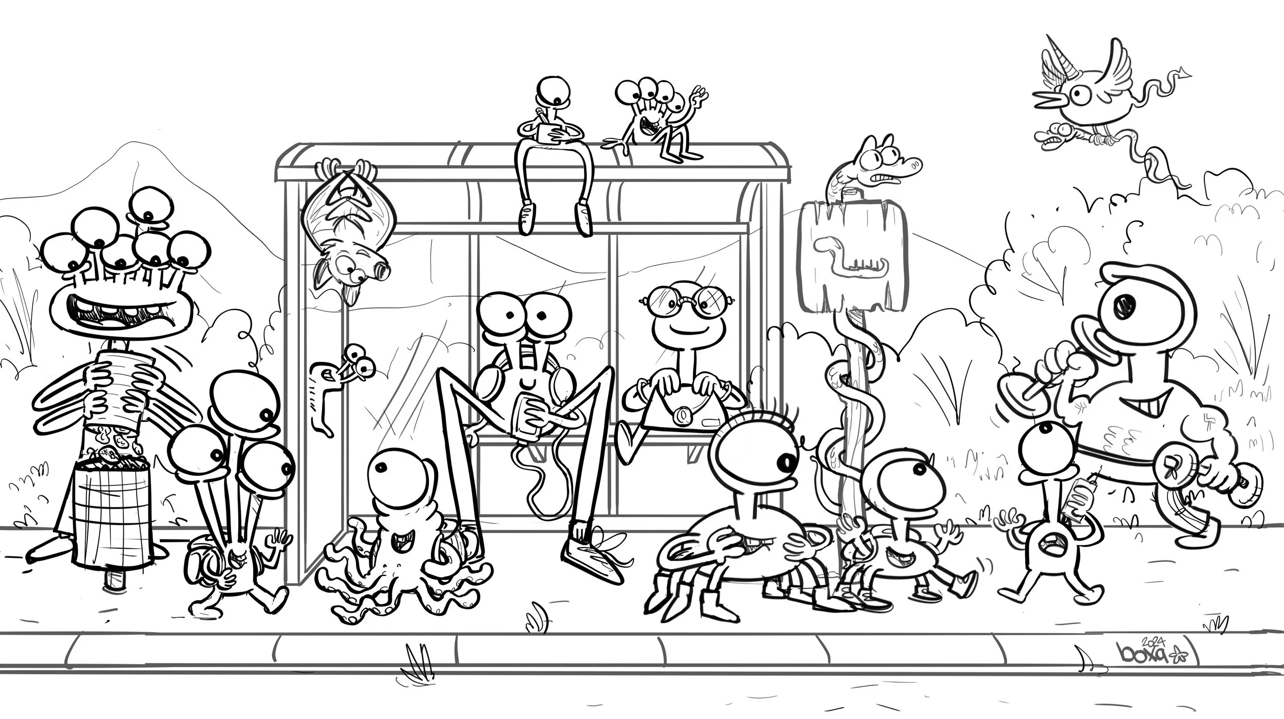 Illustration de monstres et créatures fantastiques faisant de l'exercice et s'amusant dehors
