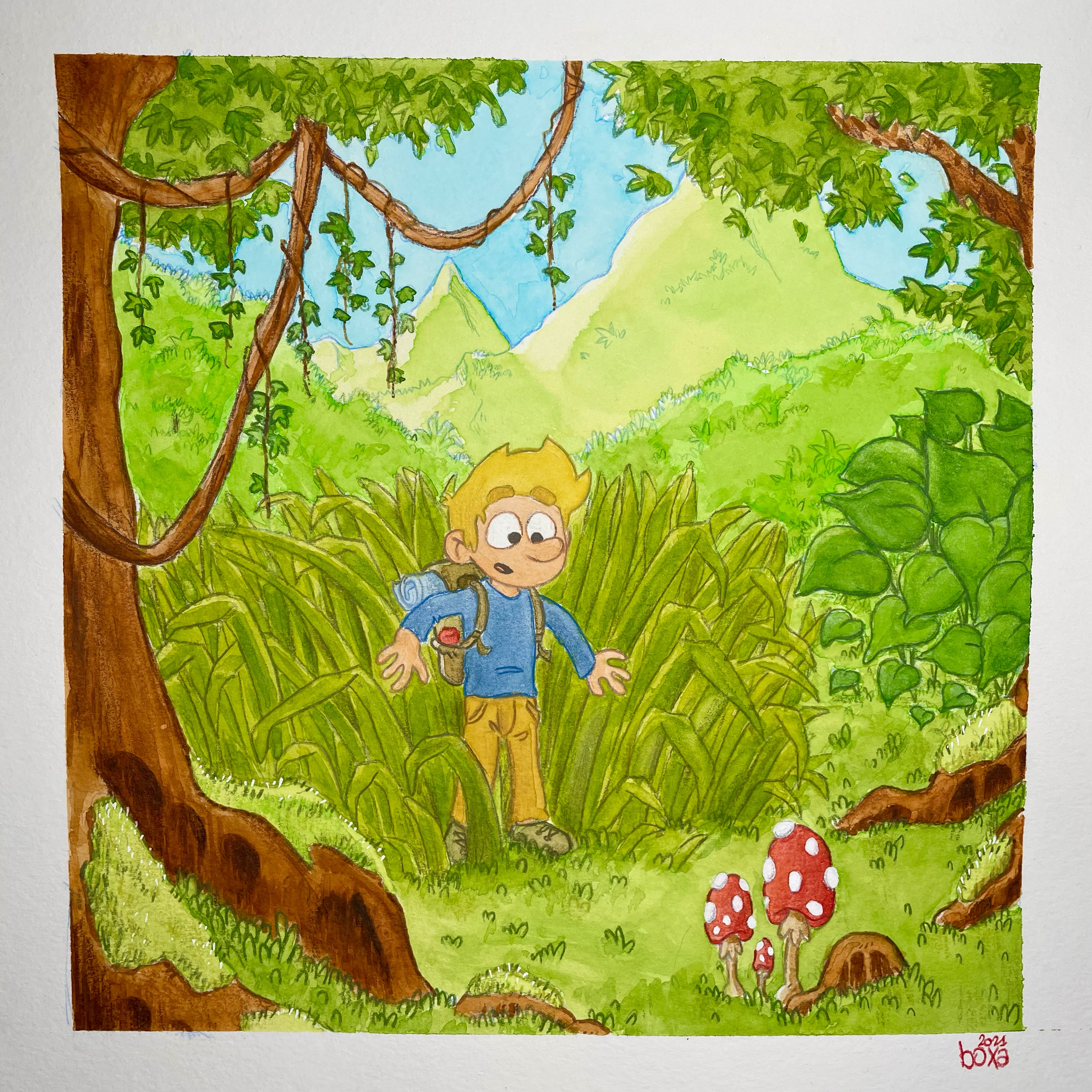 Un garçon avec un sac à dos dans une forêt verte, entouré de champignons rouges avec des points blancs, avec des montagnes en arrière-plan.